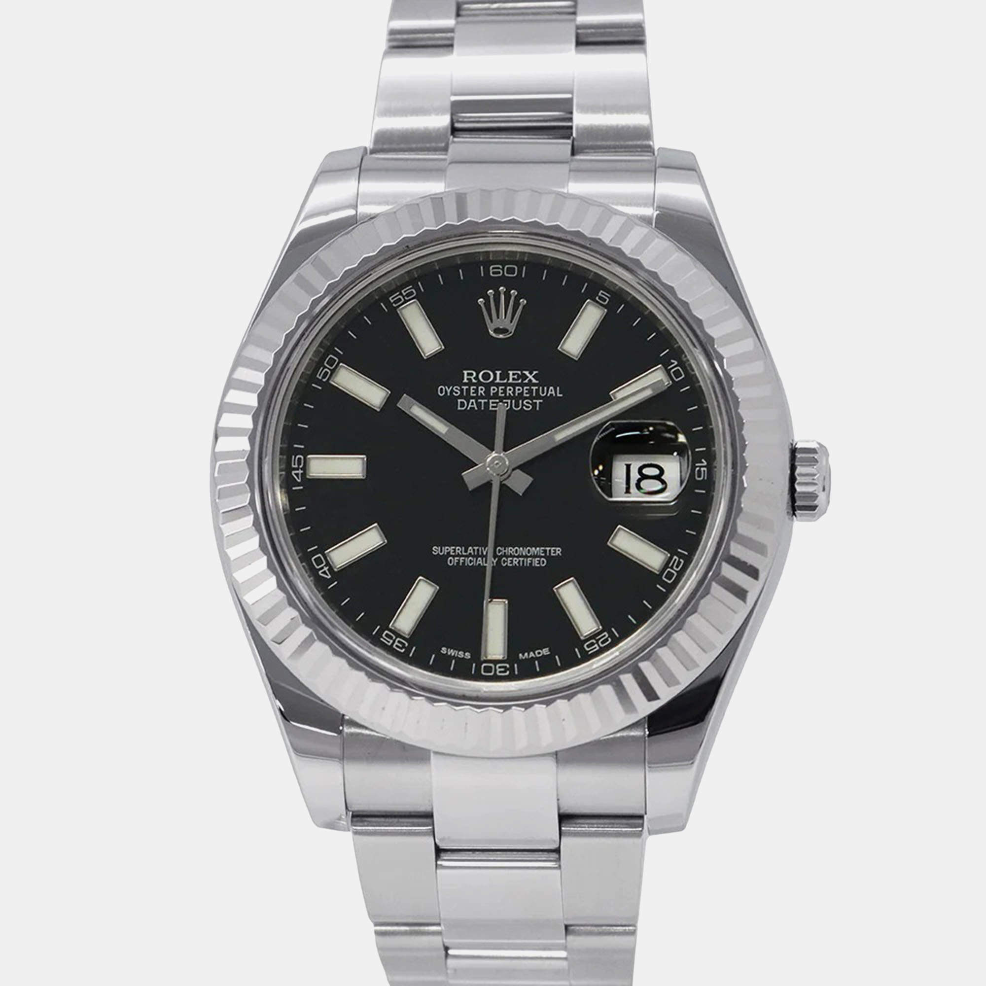 Pre Owned Rolex Datejust II 116334 Automatic Black 18k White Gold Stainless Steel Men's Wristwatch 41 mm