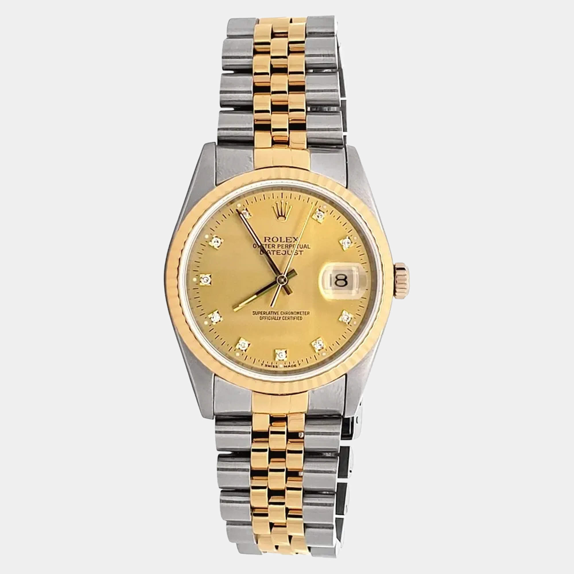Pre Owned Rolex Datejust 16233 Automatic Champagne Diamond 18K Yellow Gold Stainless Steel Men's Wristwatch 36 mm