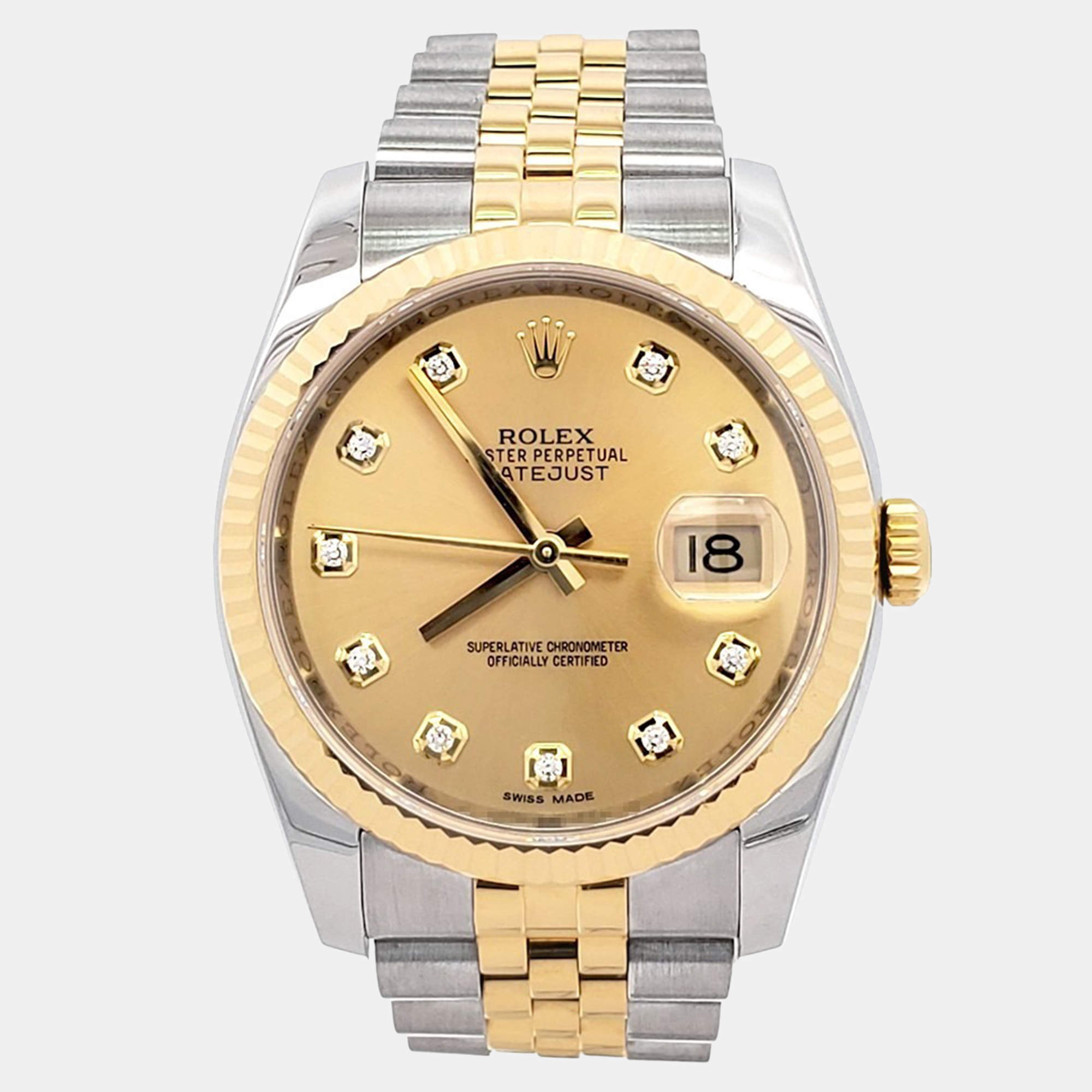 Pre Owned Rolex Datejust 116233 Automatic Champagne Diamond 18K Yellow Gold Stainless Steel Men's Wristwatch 36 mm