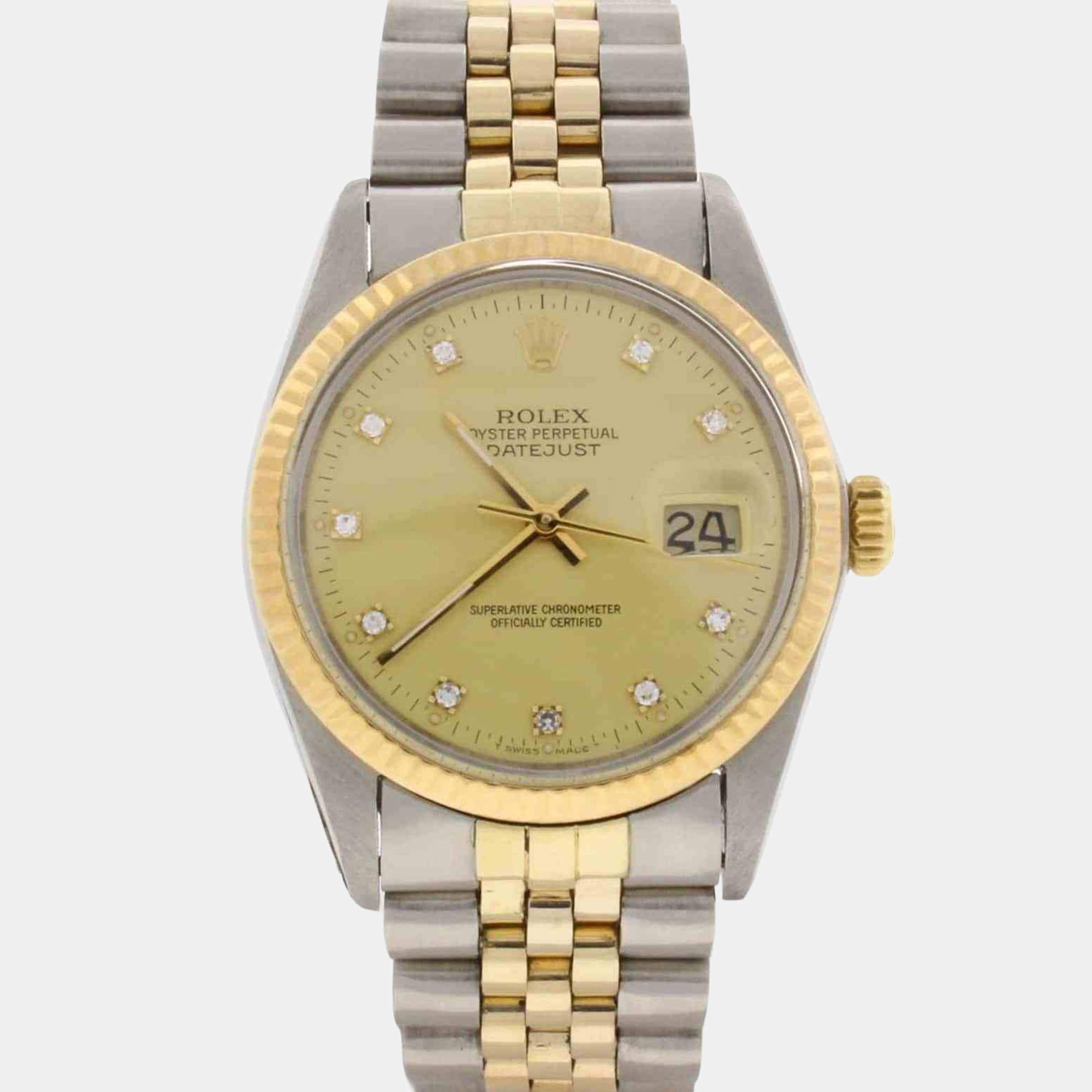 Pre Owned Rolex Datejust 16013 Automatic Champagne Diamond 18K Yellow Gold Stainless Steel Men's Wristwatch 36 mm