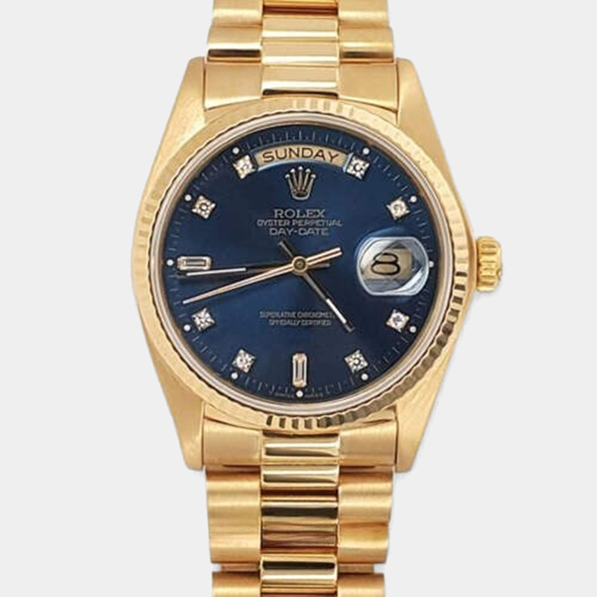 Pre Owned Rolex Day-Date President 18048 Automatic Cobalt Blue Diamond 18k Yellow Gold Men's Wristwatch 36 mm