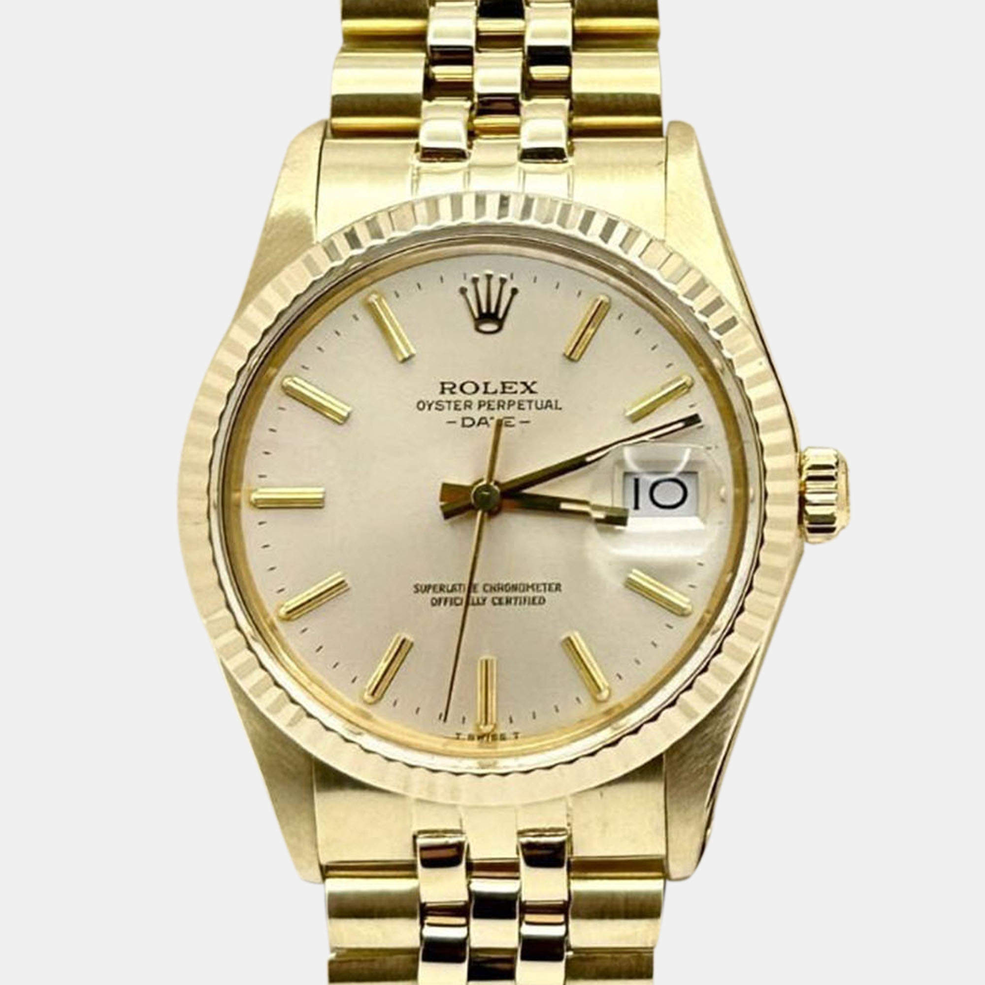 Pre Owned Rolex Oyster Perpetual Date 15037 Automatic Silver Dial 14k Yellow Gold Men's Wristwatch 34mm