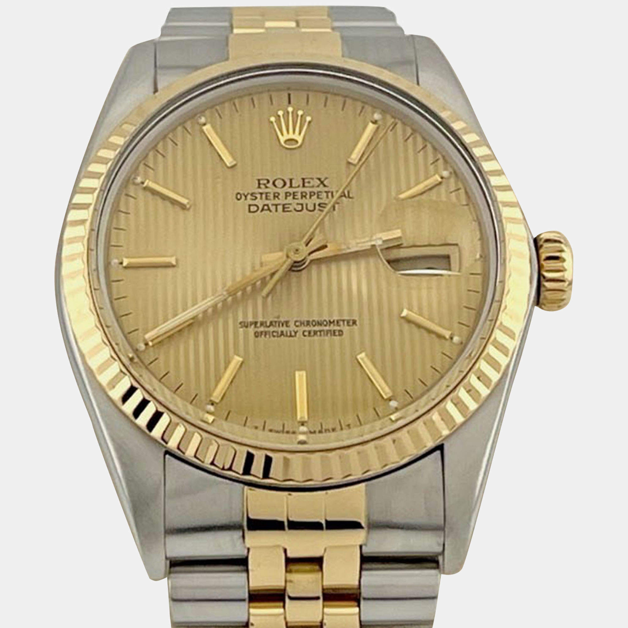 Pre Owned Rolex Datejust 16013 Automatic Champagne Tapestry Dial Stainless Steel 18k Yellow Gold Men's Wristwatch 36mm