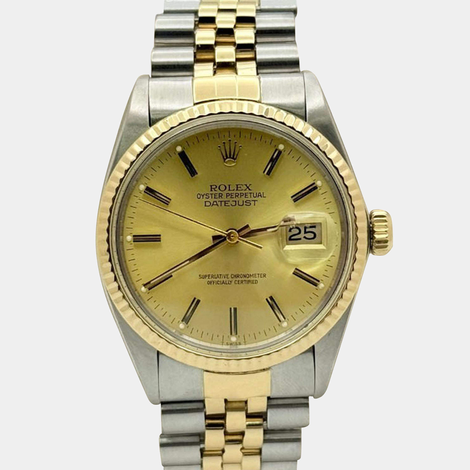 Pre Owned Rolex Datejust 16013 Automatic Champagne Dial 18k Yellow Gold Stainless Steel Men's Wristwatch 36mm