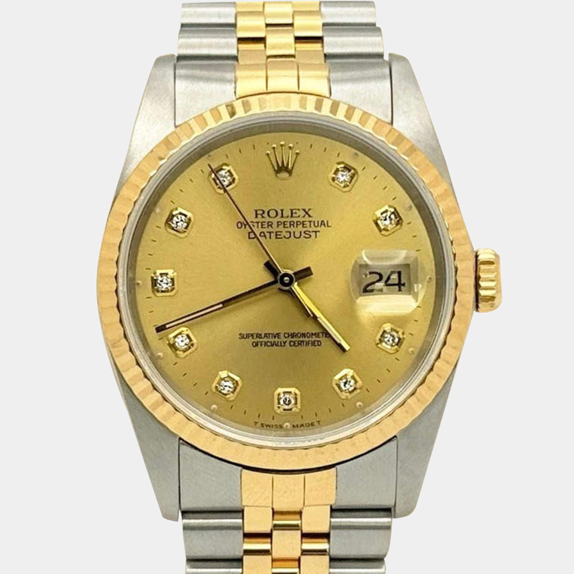 Pre Owned Rolex Datejust 16233 Automatic Champagne Diamond Dial 18K Yellow Gold Stainless Steel Men's Wristwatch 36mm