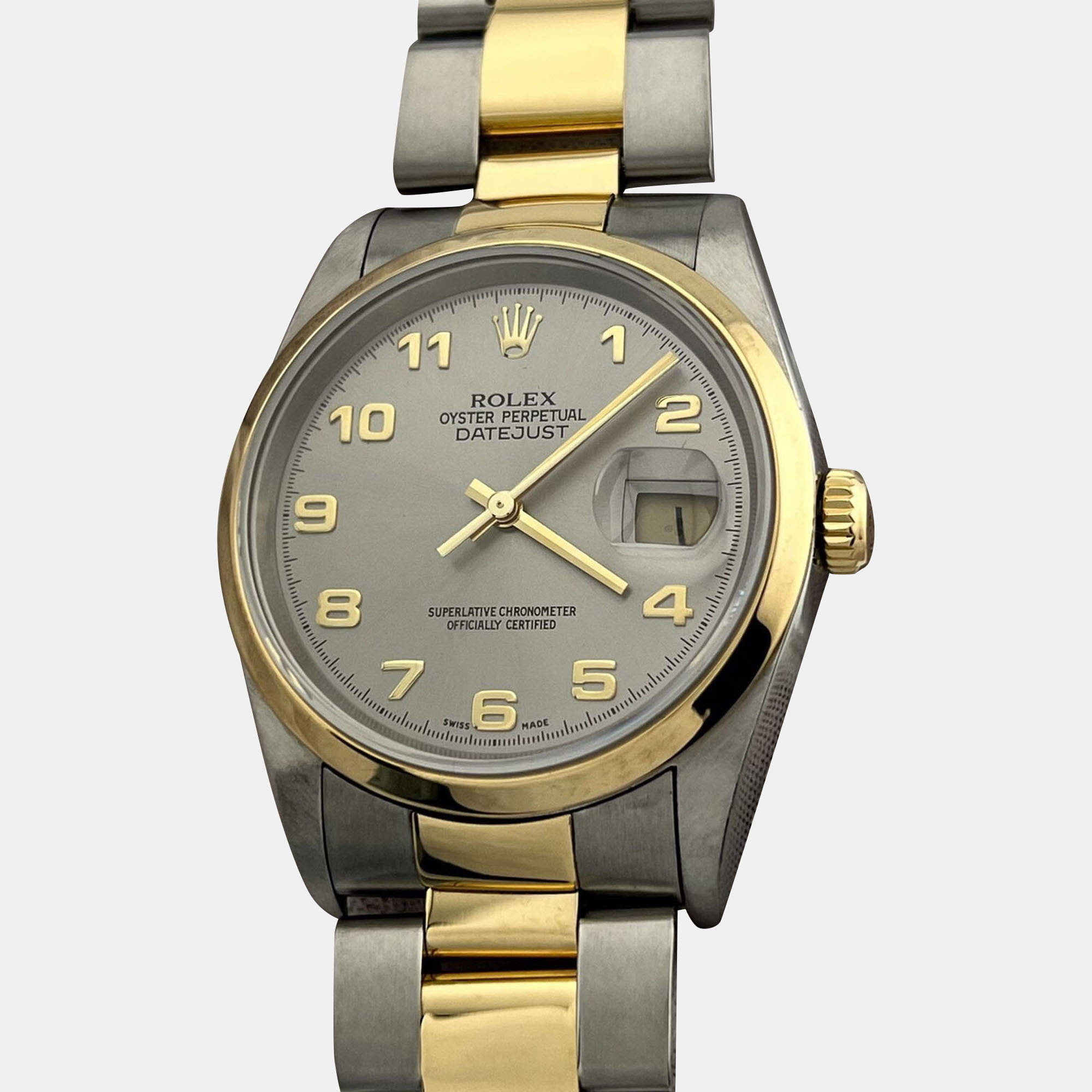 Pre Owned Rolex Datejust 16203 Automatic Silver Arabic Dial 18K Yellow Gold Stainless Steel Men's Wristwatch 36mm