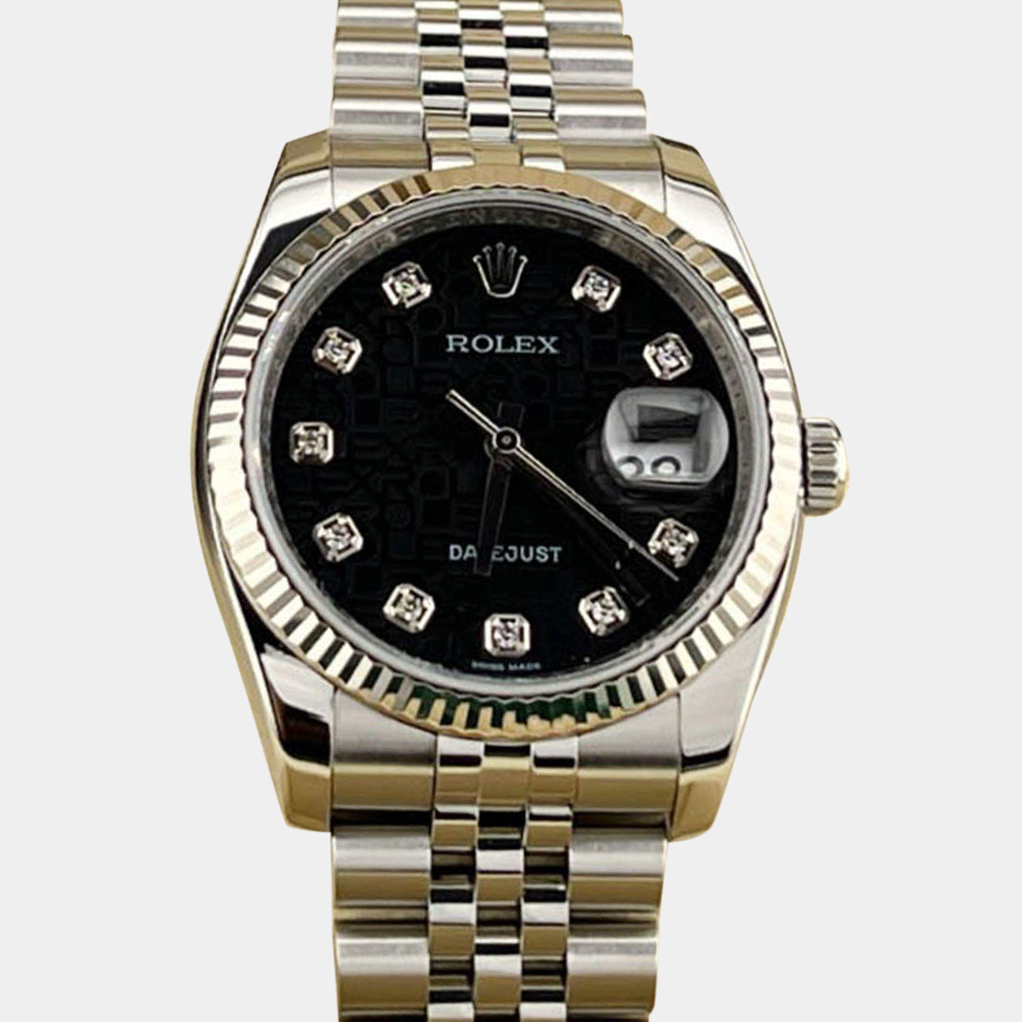 Pre Owned Rolex Datejust 116234 Automatic Black Diamond Dial 18k White Gold Stainless Steel Men's Wristwatch 36mm