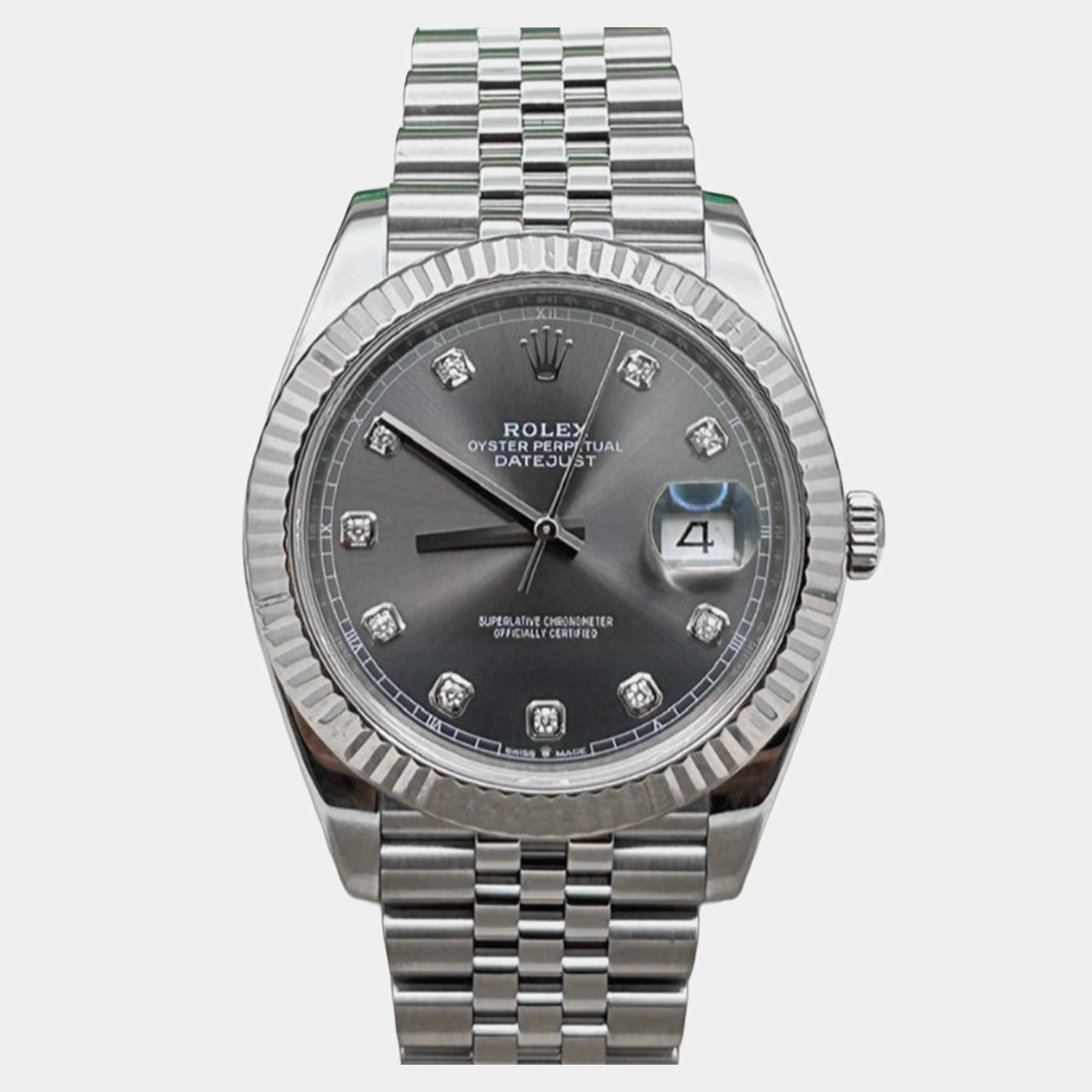 Pre Owned Rolex Datejust 126334 Automatic Dark Rhodium Diamond Dial Stainless Steel 18K White Gold Men's Wristwatch 41 mm