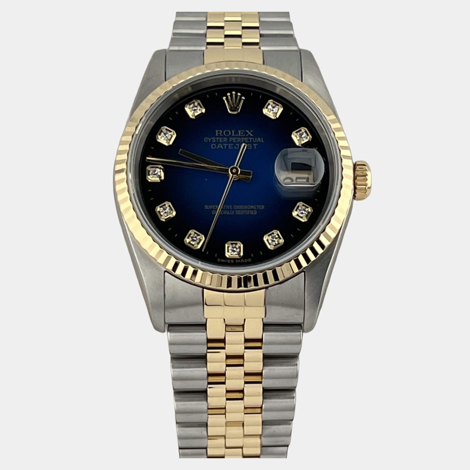 Pre Owned Rolex Datejust 16233 Automatic Blue Vignette Diamond Dial Stainless Steel 18k Yellow Gold Men's Wristwatch 36 mm
