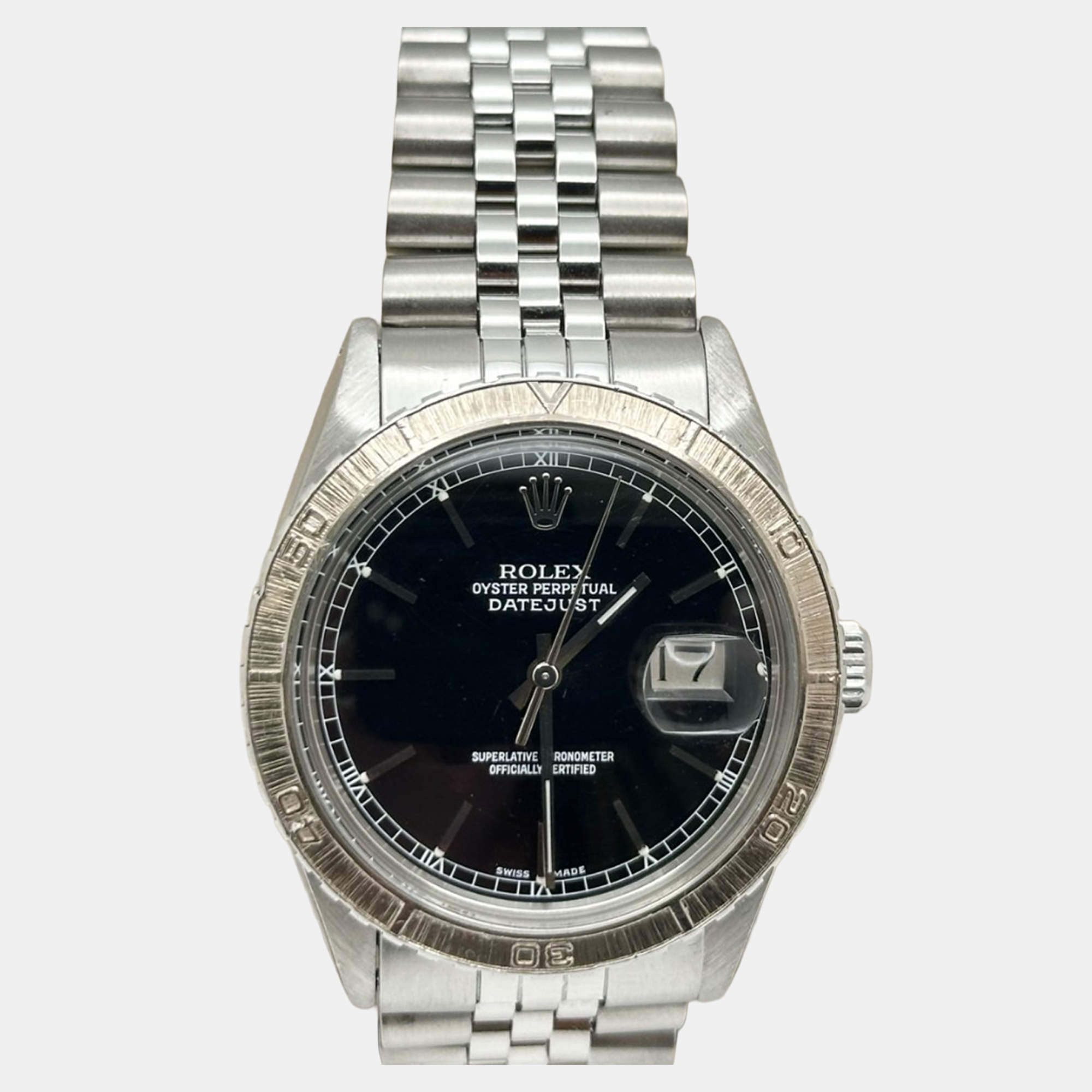 Pre Owned Rolex Datejust Turn-O-Graph 16250 Automatic Black Dial Stainless Steel Men's Wristwatch 36 mm