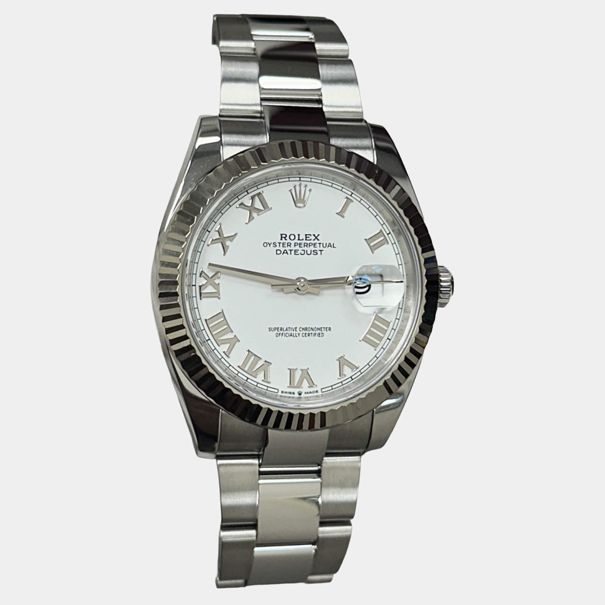Pre Owned Rolex Datejust 126334 Automatic White Roman Dial 18k White Gold Stainless Steel Men's Wristwatch 41 mm