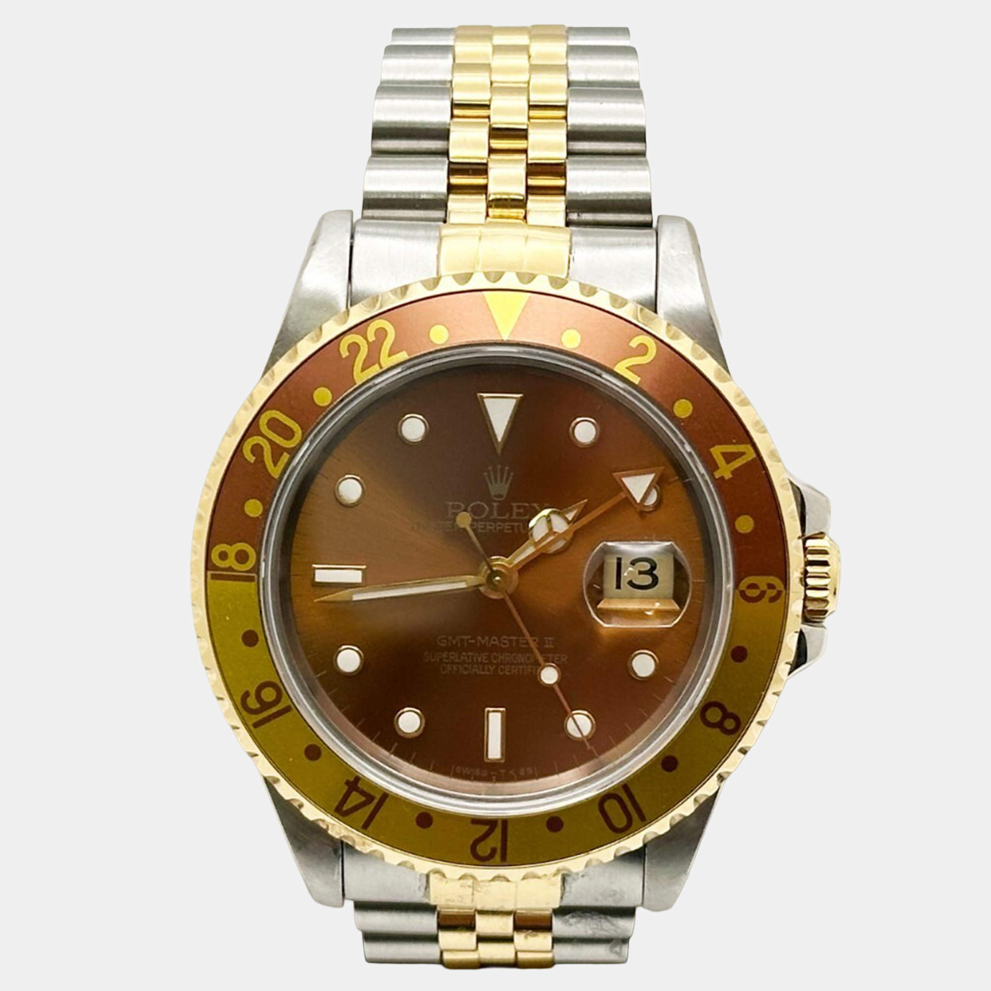 Pre Owned Rolex GMT-Master II 16713 Automatic Brown Dial 18K Yellow Gold Stainless Steel Men's Wristwatch 40 mm