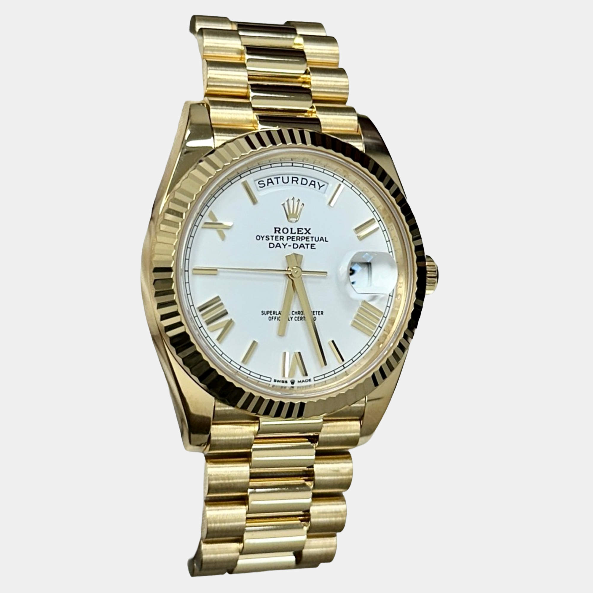 Pre Owned Rolex Day-Date 228238 Automatic White Roman Dial 18K Yellow Gold Men's Wristwatch 40mm