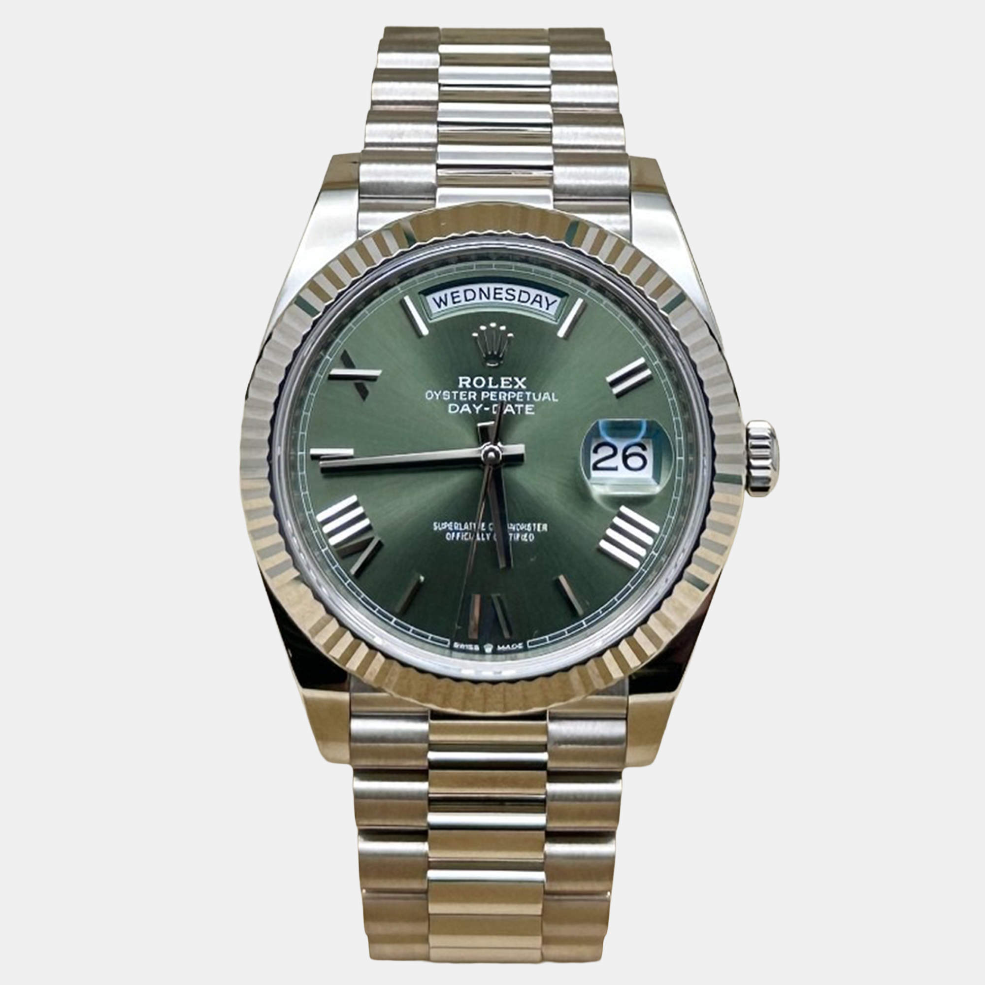 Pre Owned Rolex Day-Date 228239 Automatic Olive Green Dial 18k White Gold Men's Wristwatch 40mm