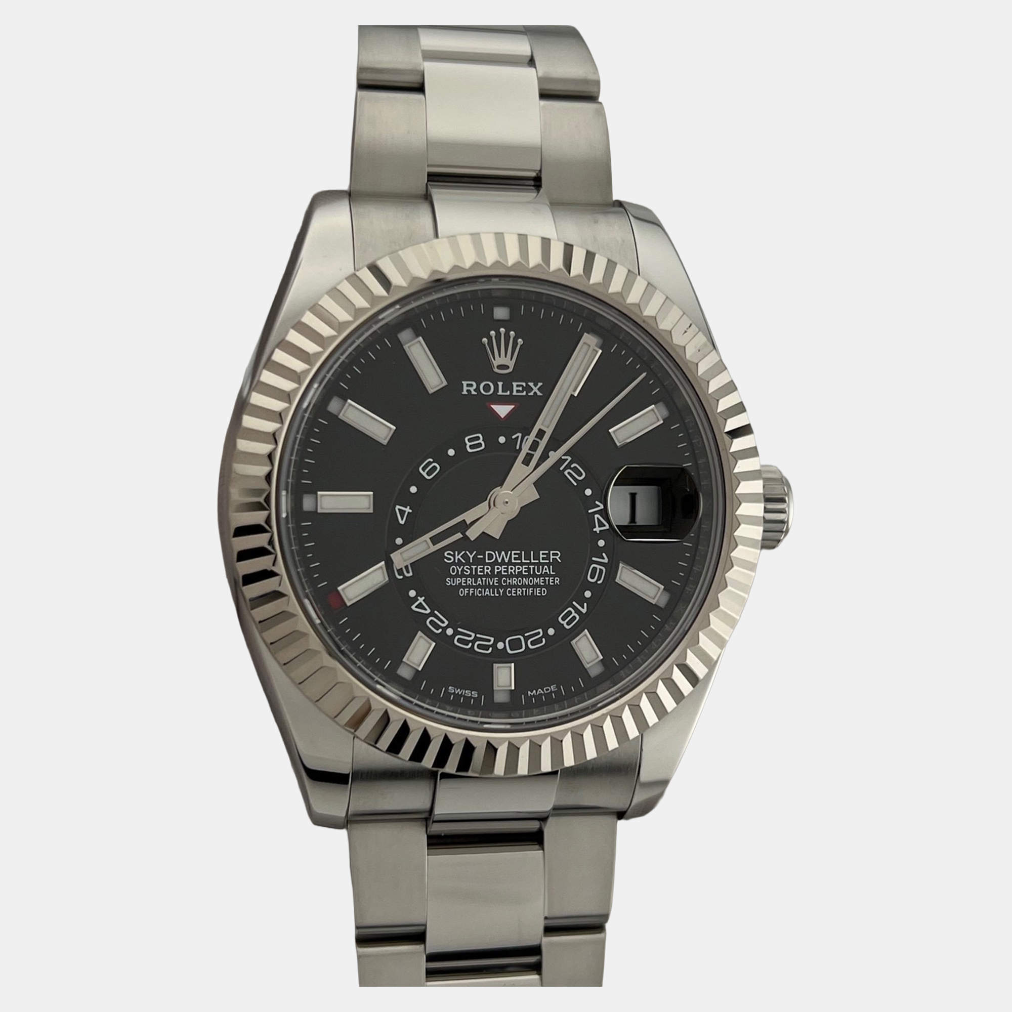Pre Owned Rolex Sky-Dweller 326934 Automatic Black Dial Stainless Steel 18k White Gold Men's Wristwatch 42mm