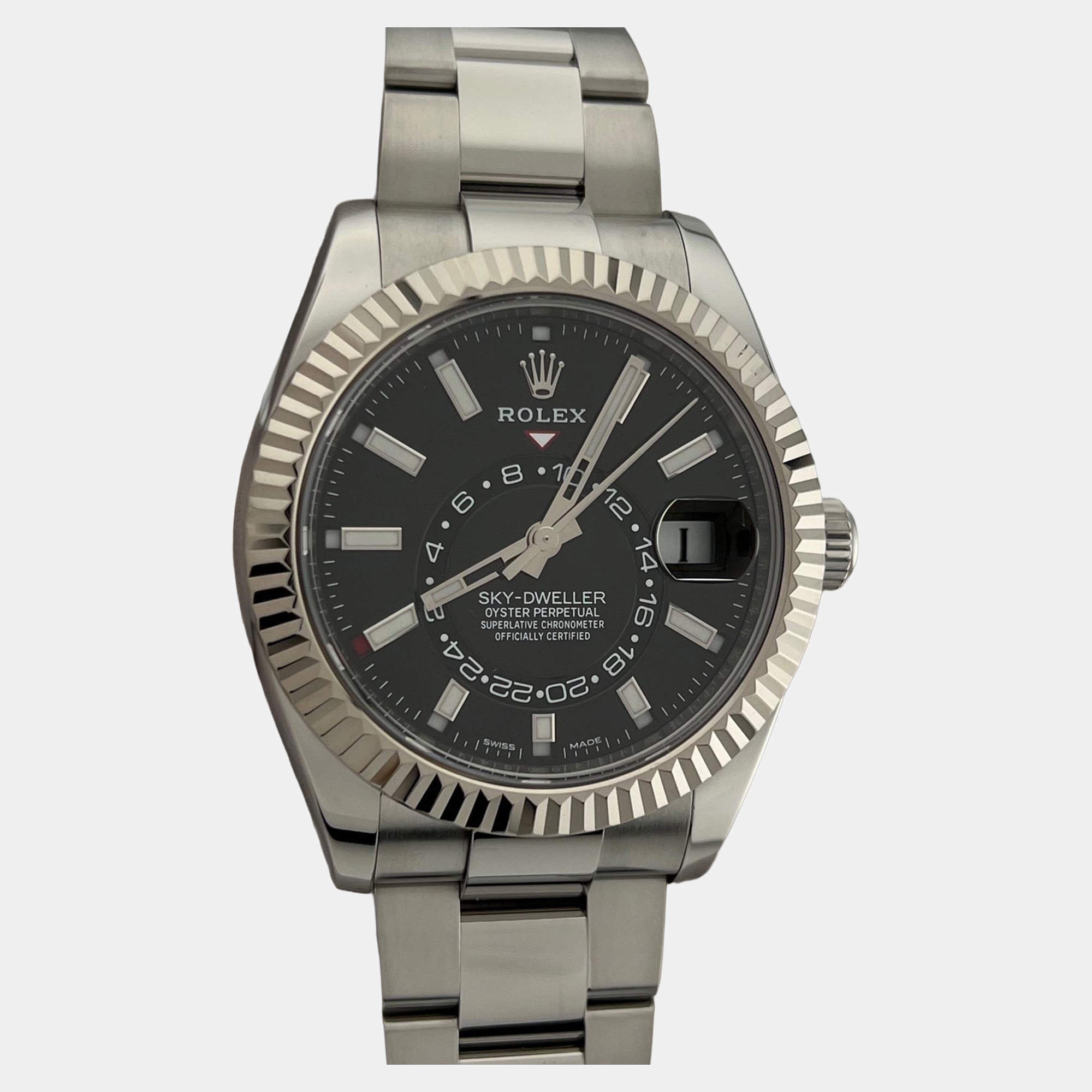 Pre Owned Rolex Sky-Dweller 326934 Automatic Black Dial Stainless Steel 18k White Gold Men's Wristwatch 42mm