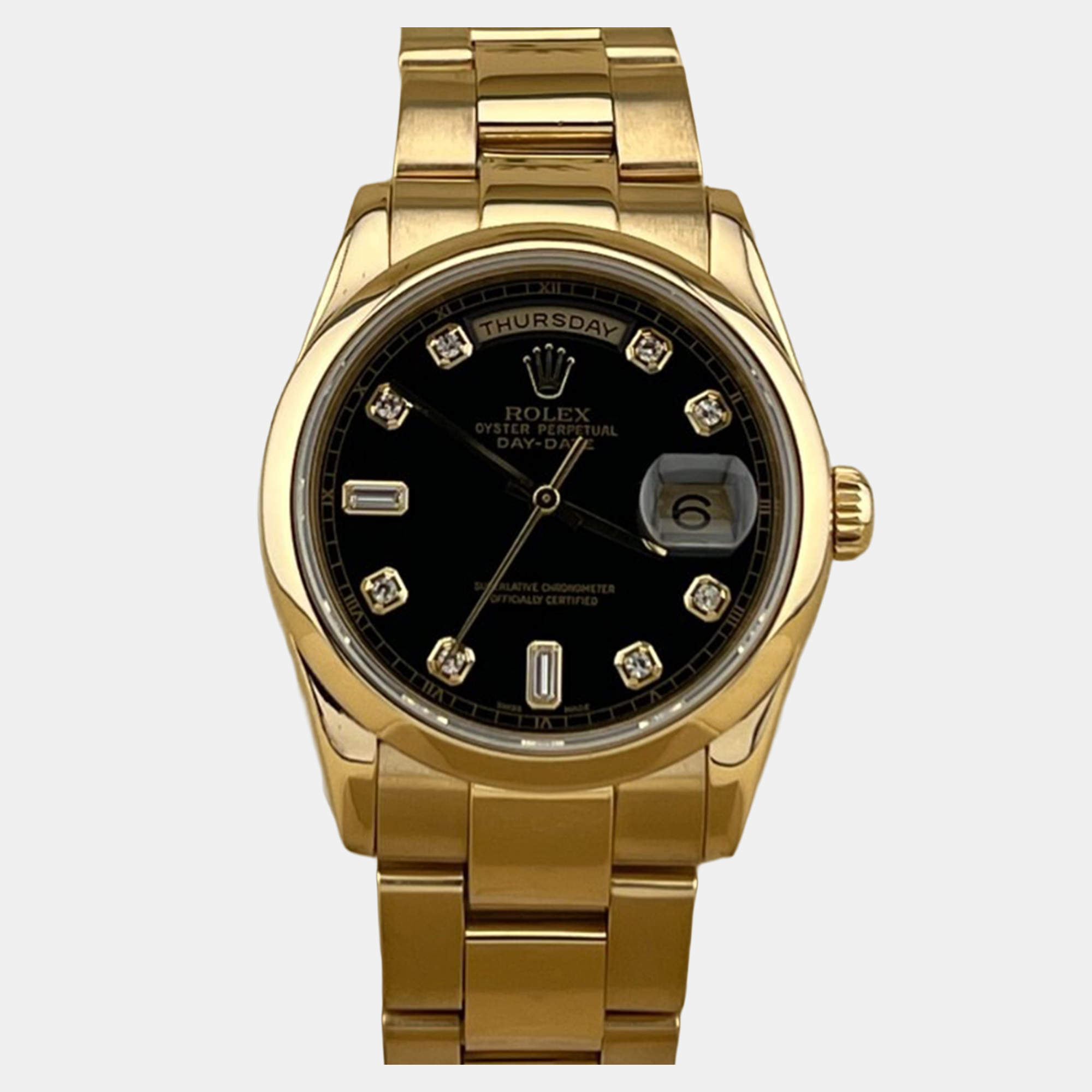 Pre Owned Rolex Day Date 118208 Automatic Black Diamonds 18k Yellow Gold Men's Wristwatch 36 mm