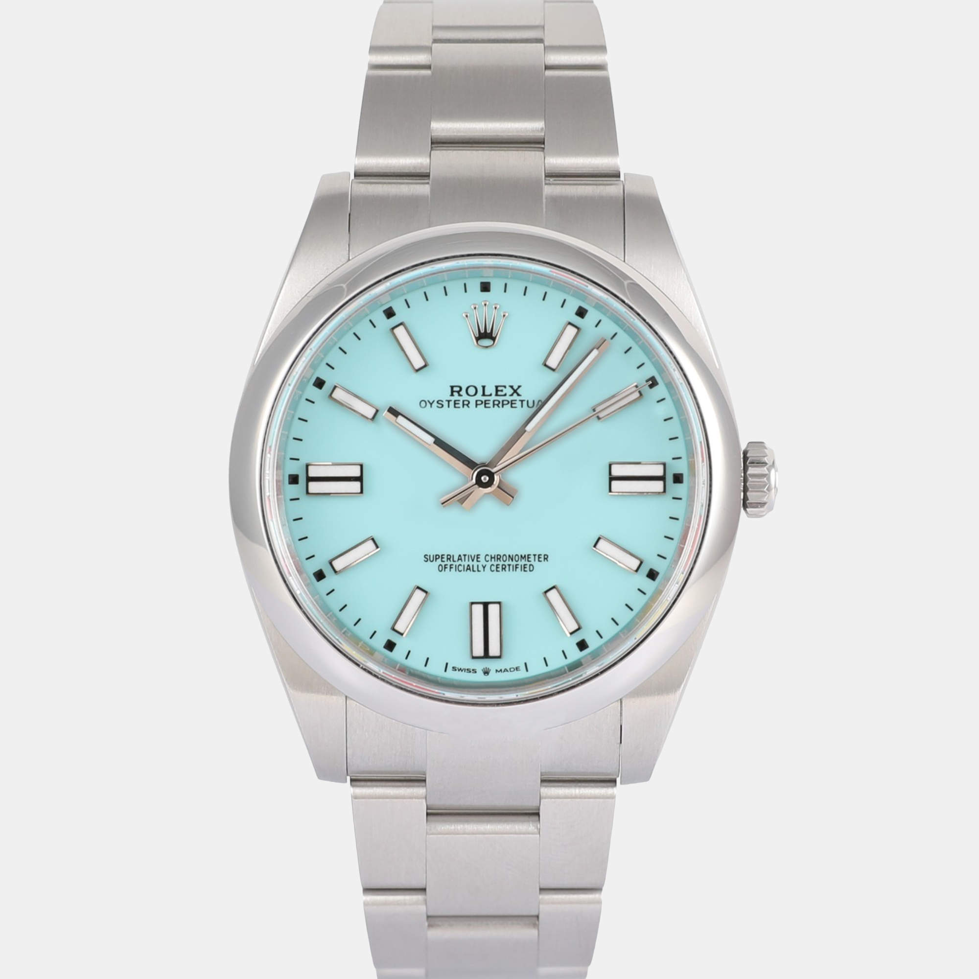 Pre Owned Rolex Oyster Perpetual 124300 Steel Turquoise Tiffany Dial Men's Wristwatch 41 mm