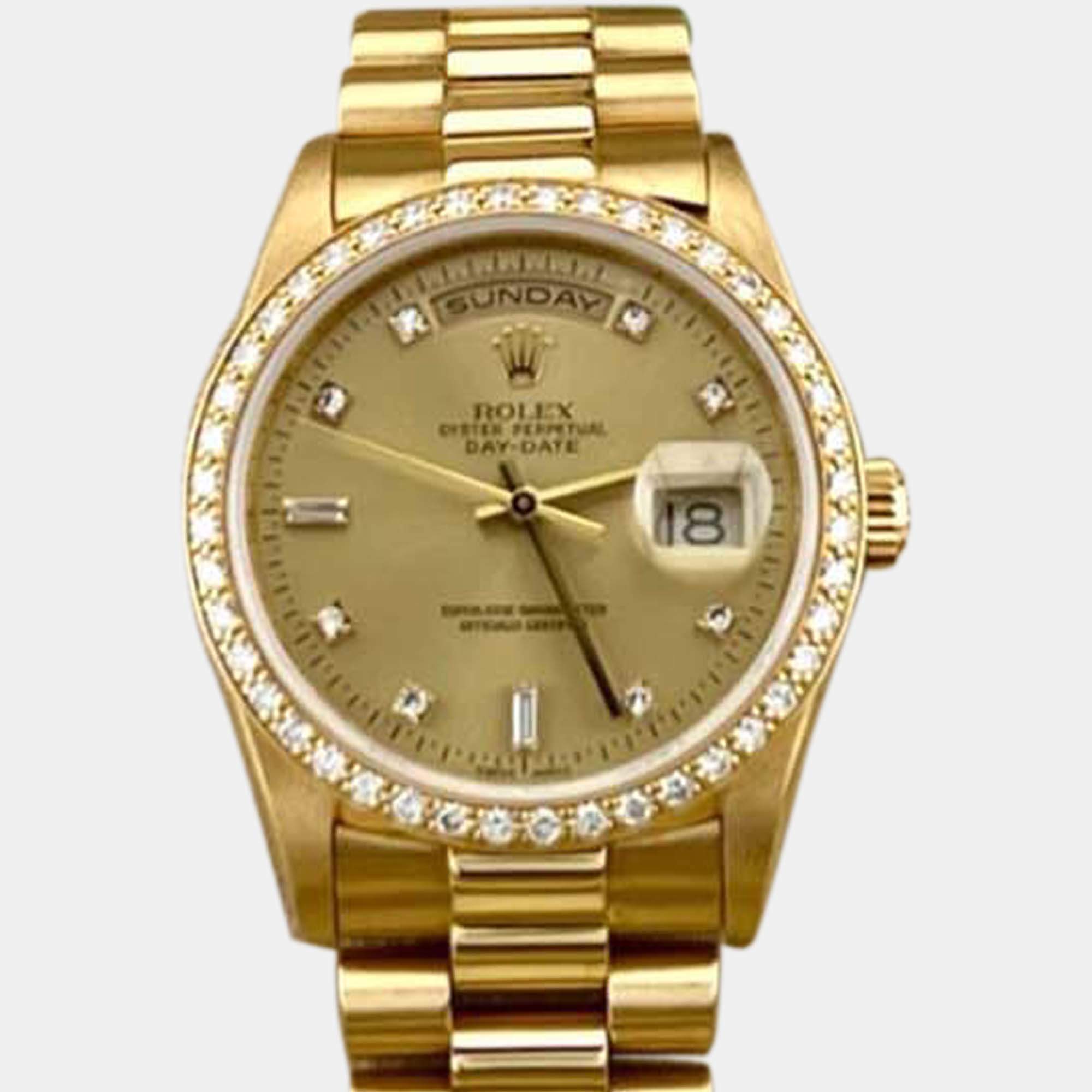 Pre Owned Rolex Day Date 18348 Automatic Gold diamonds 18k Yellow Gold Men's Wristwatch 36 mm