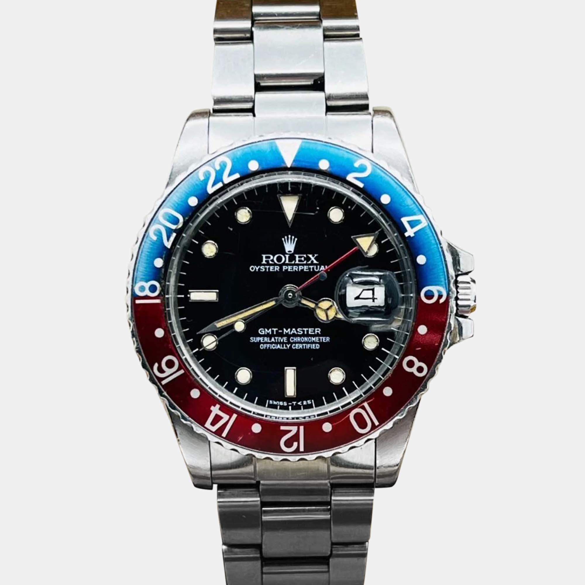 Pre Owned Rolex GMT Master 16750 Automatic Black Spider Dial Stainless Steel Men's Wristwatch 40 mm