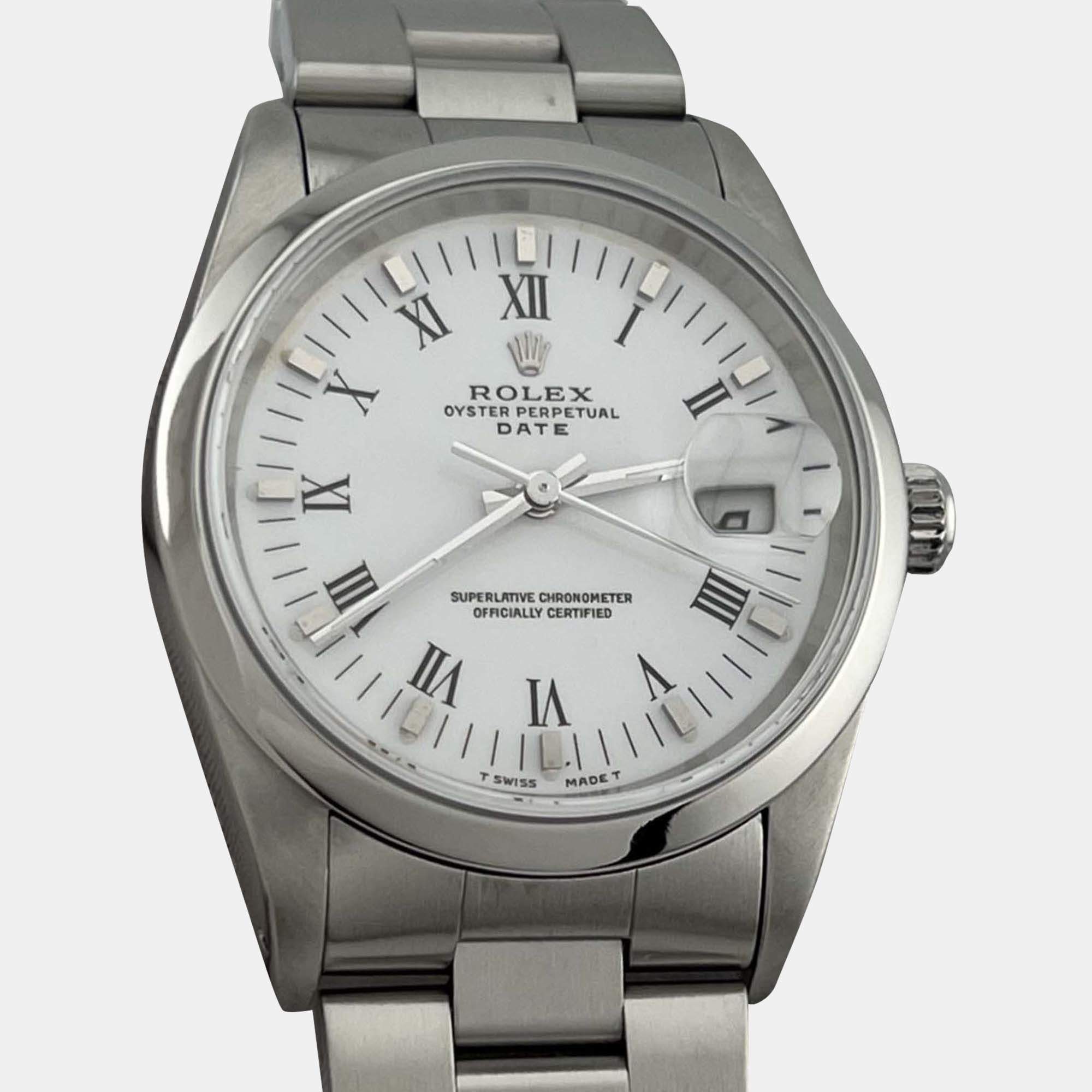 Pre Owned Rolex Date 15200 Automatic White Stainless Steel Men's Wristwatch 34 mm