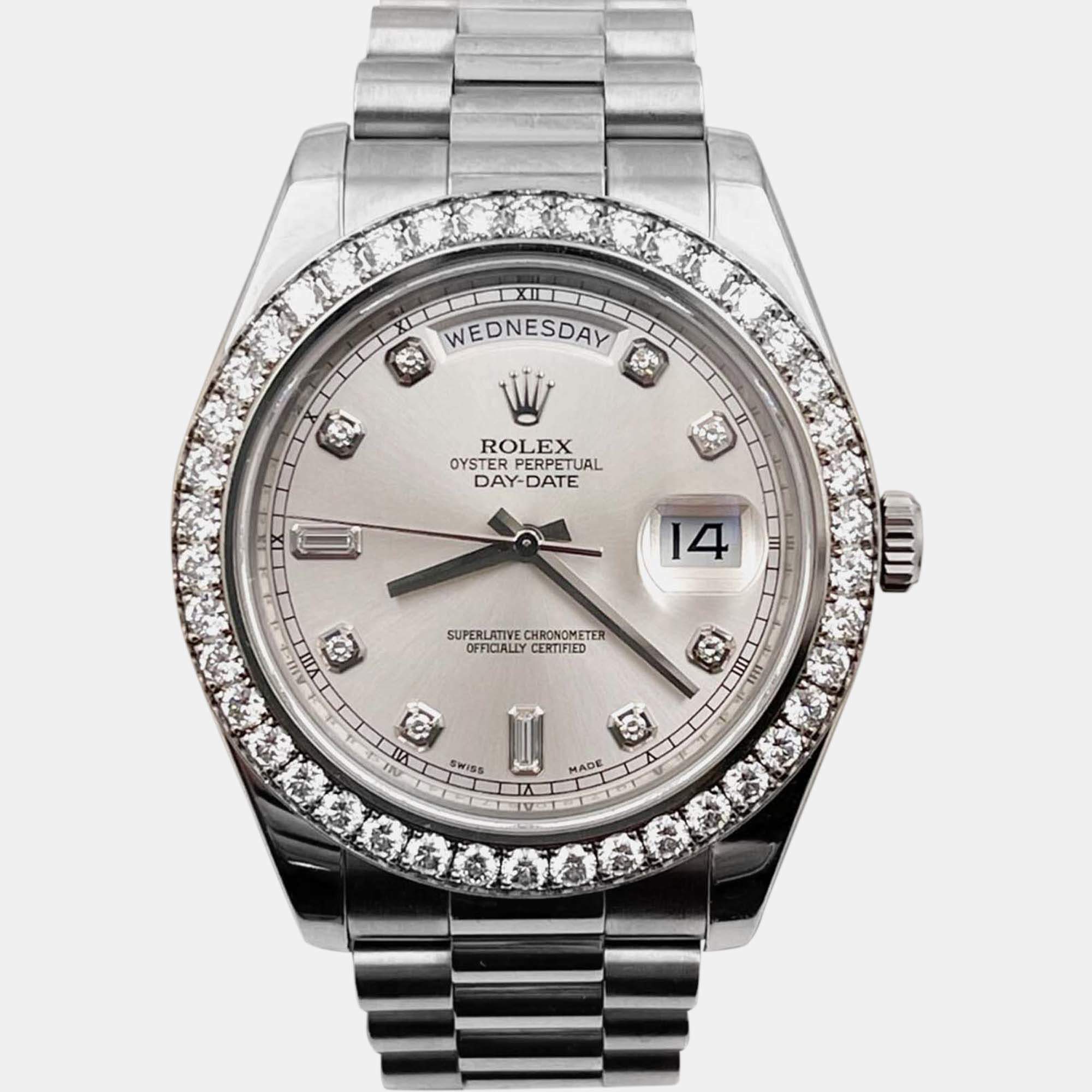 Pre Owned Rolex Day Date II 218349 Automatic White diamonds 18k White Gold Men's Wristwatch 41 mm