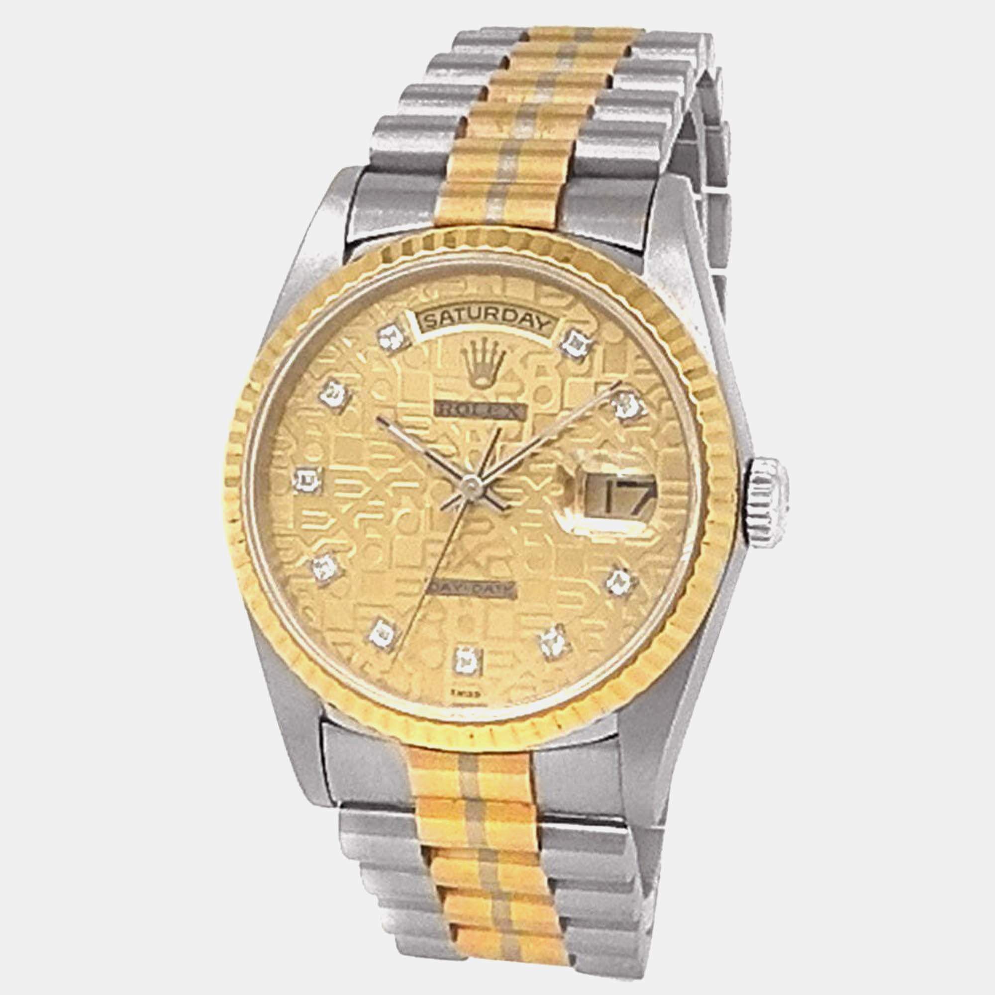 Pre Owned Rolex Day-Date President 18239 Automatic Champagne Dial 18k White Gold Tridor Men's Wristwatch 36 mm