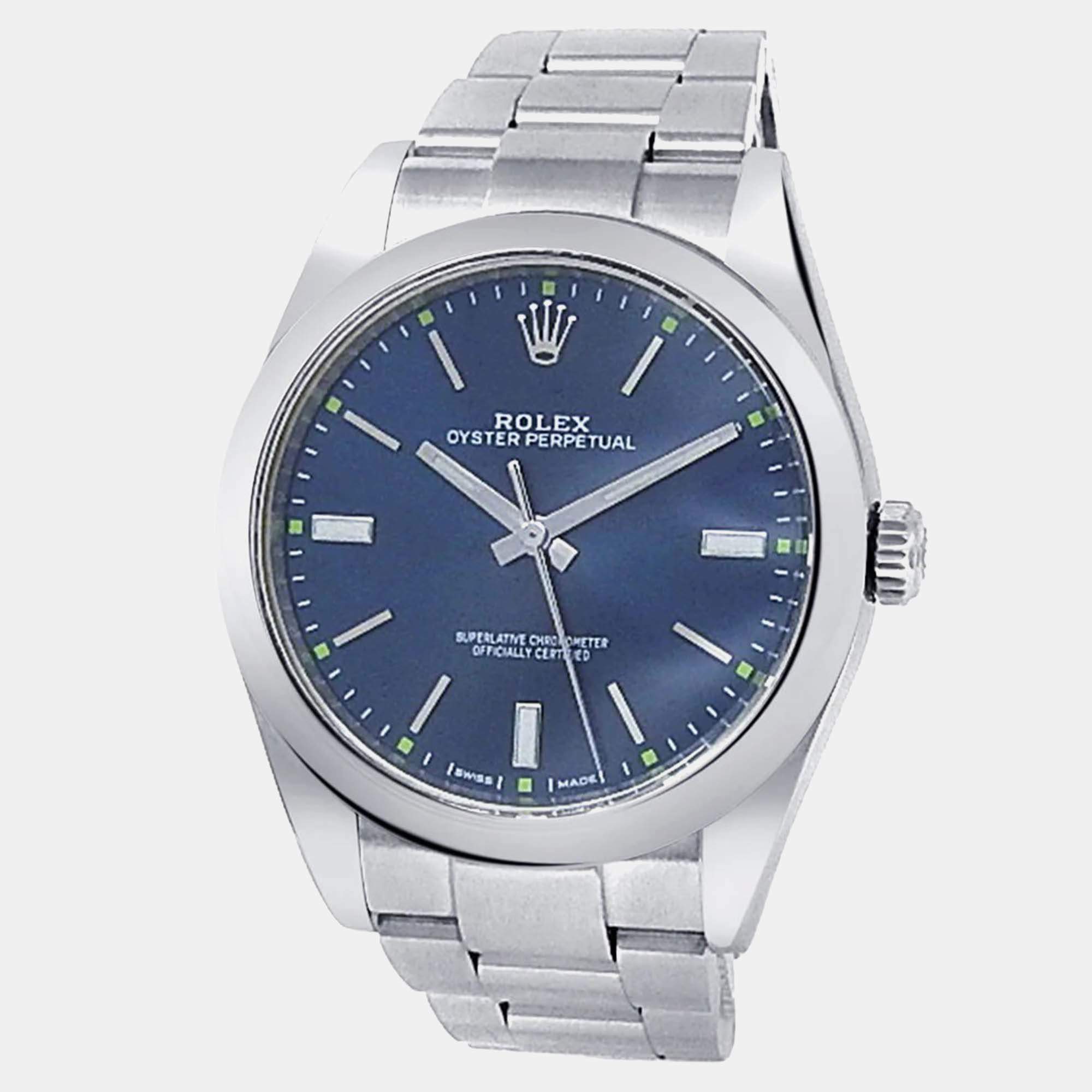 Pre Owned Rolex Oyster Perpetual 114300 Automatic Blue Dial Stainless Steel Men's Wristwatch 39 mm