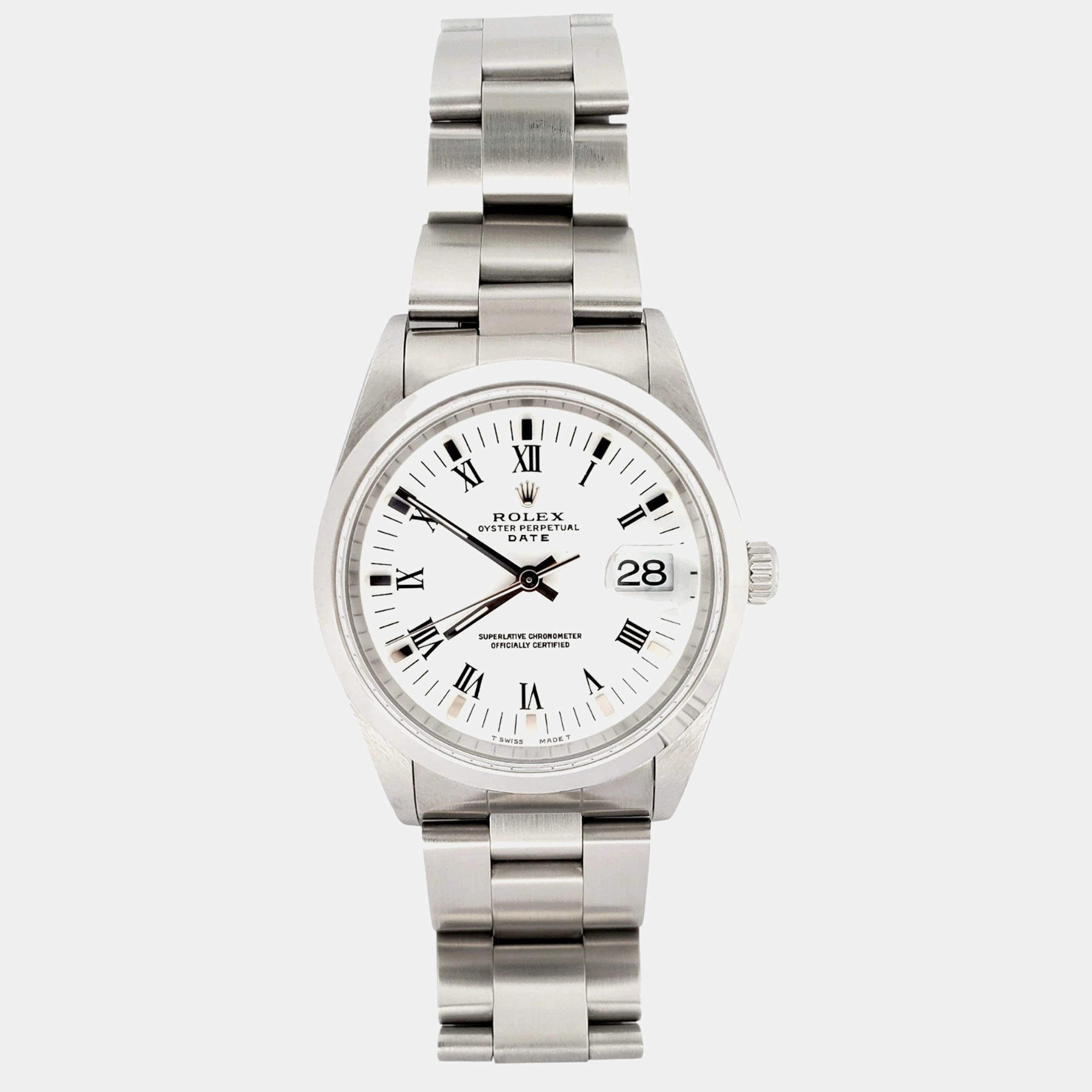 Pre Owned Rolex Oyster Perpetual Date 15200 Automatic White Dial Stainless Steel Men's Wristwatch 34 mm