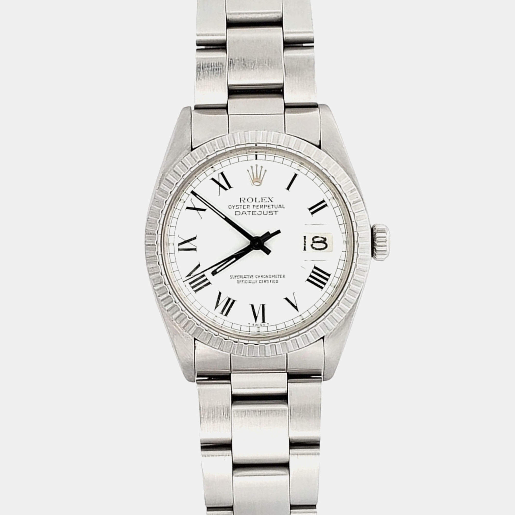 Pre Owned Rolex Datejust 16030 Automatic White Buckley Roman Dial Stainless Steel Men's Wristwatch 36 mm