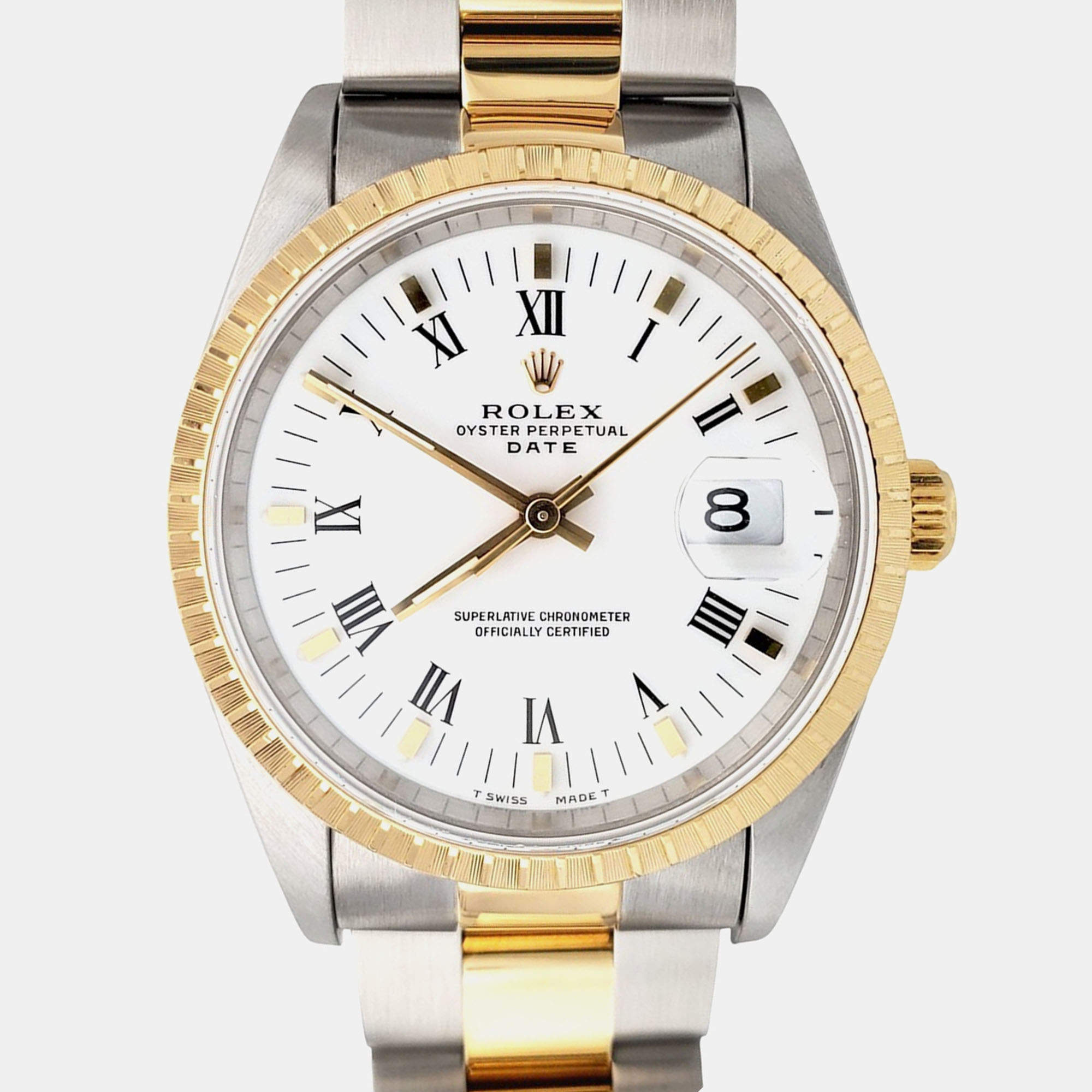 Pre Owned Rolex Oyster Perpetual Date 15223 Automatic White Roman Dial 18k Yellow Gold Stainless Steel Men's Wristwatch 34 mm