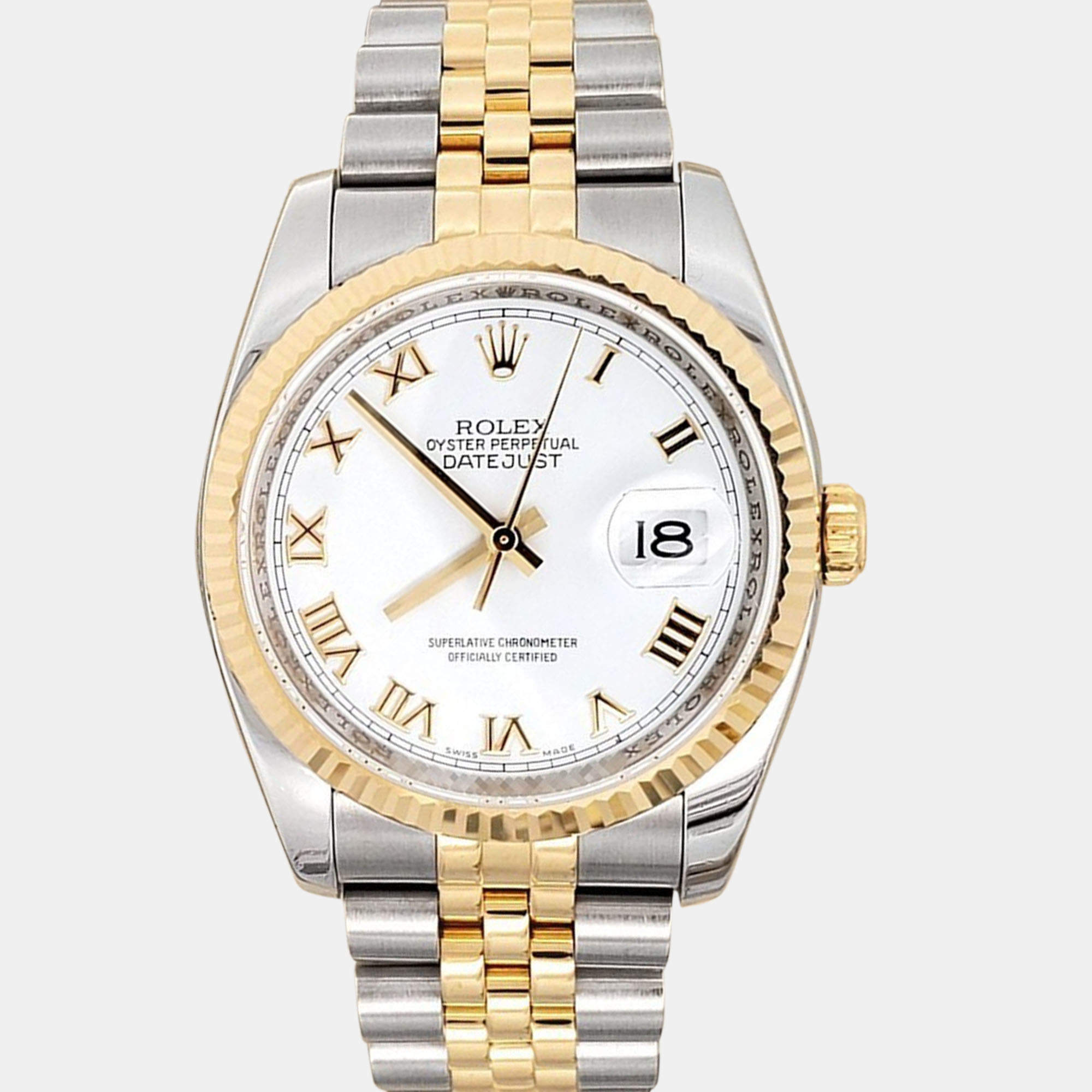 Pre Owned Rolex Datejust 116233 Automatic White Roman Dial 18k Yellow Gold Stainles Steel Men's Wristwatch 36 mm