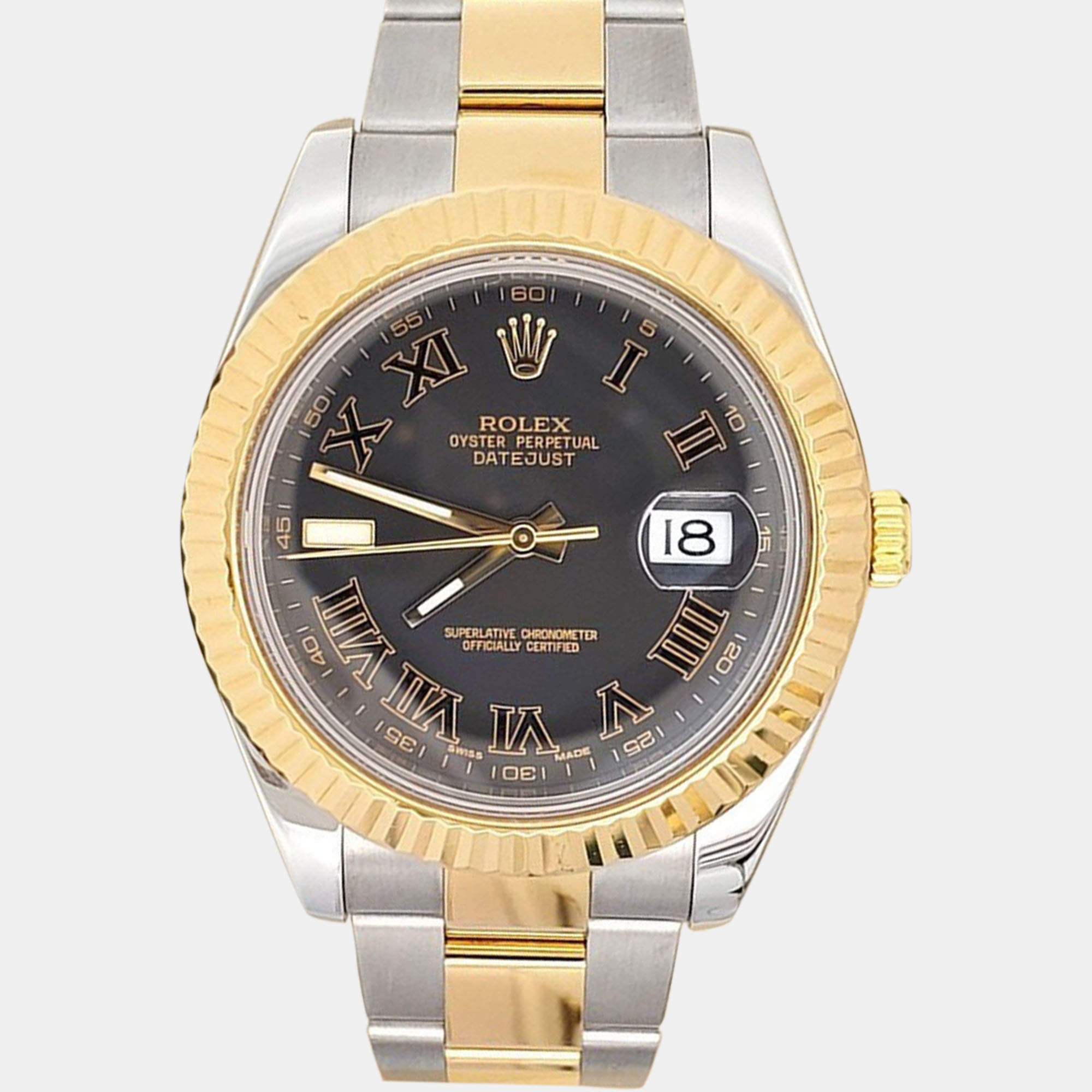 Pre Owned Rolex Datejust II 116333 Automatic Black Roman Dial 18k Yellow Gold Stainless Steel Men's Wristwatch 41 mm