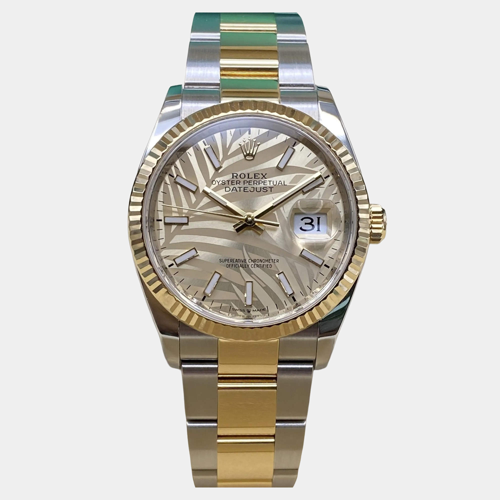 Pre Owned Rolex Datejust 126233 Automatic Champagne Palm Motif Dial Stainless Steel 18k Yellow Gold Men's Wristwatch 36mm