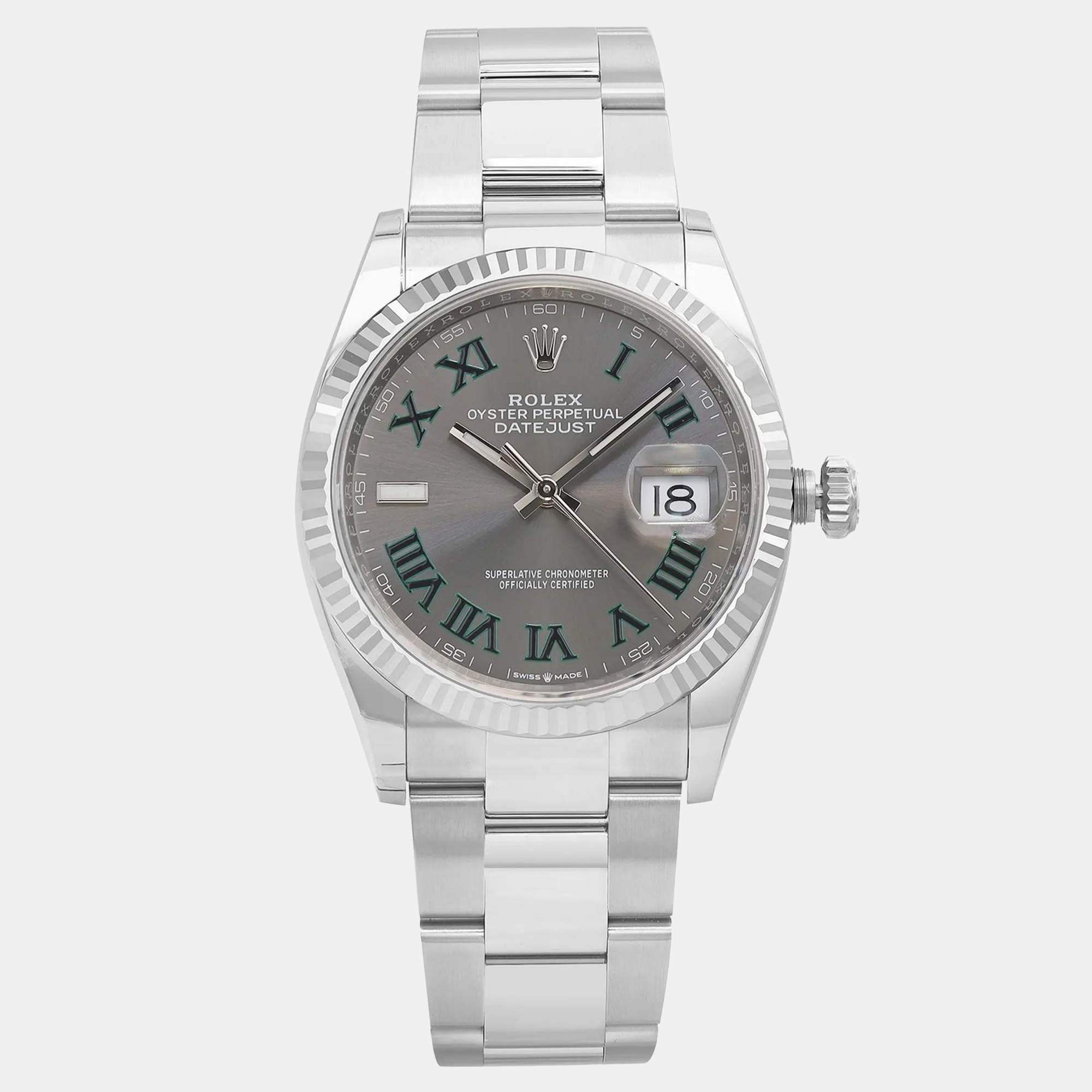 Pre Owned Rolex Datejust 126234 Automatic Wimbledon Dial Stainless Steel 18k White Gold Men's Wristwatch 36mm