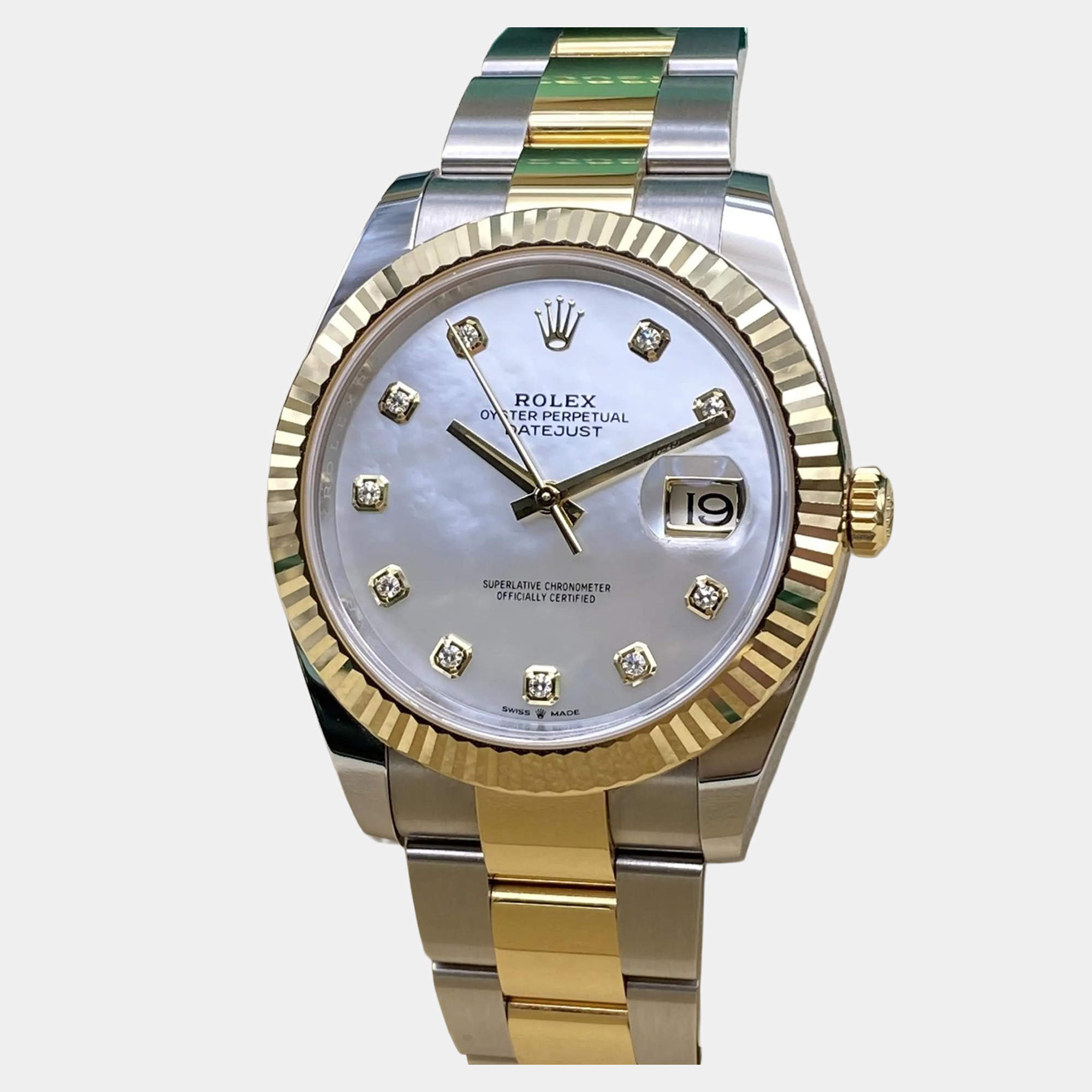 Pre Owned Rolex Datejust 126333 Automatic White Mother of Pearl Diamond Dial Stainless Steel 18k Yellow Gold Men's Wristwatch 41 mm
