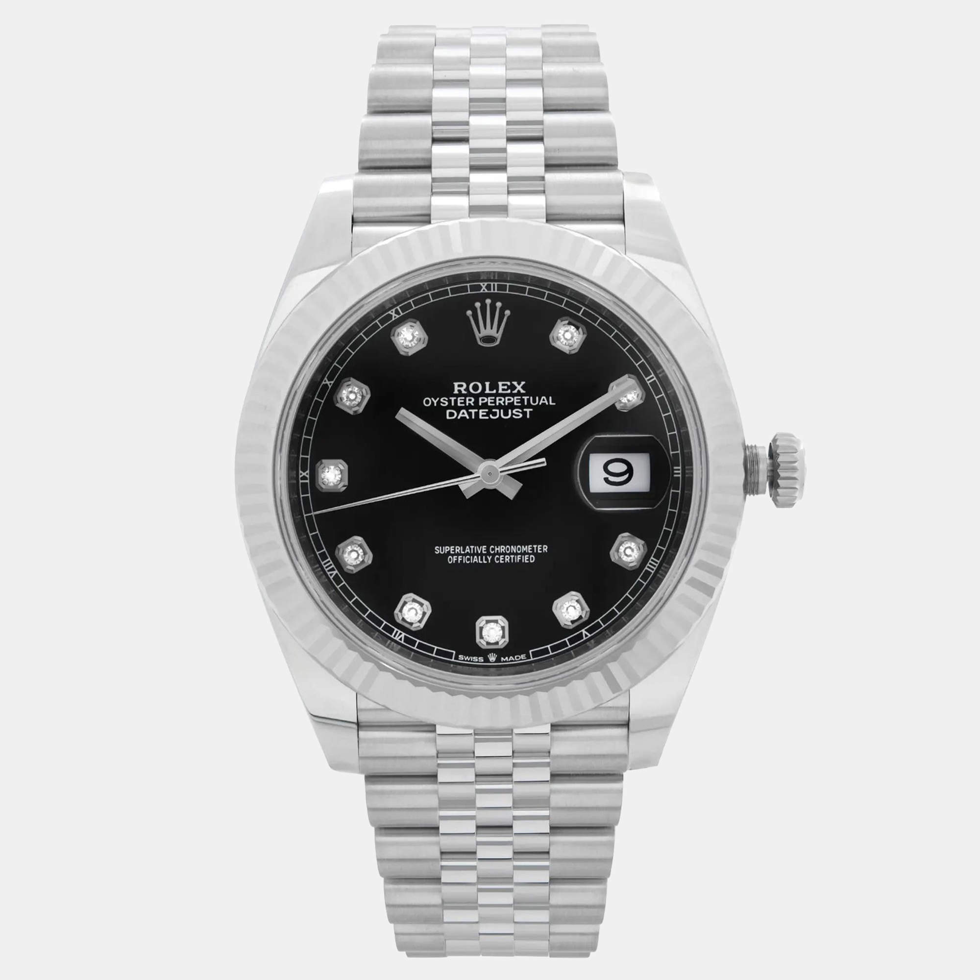 Pre Owned Rolex Datejust 126334 Automatic Black Diamond Dial Stainless Steel White Gold Men's Wristwatch 41mm