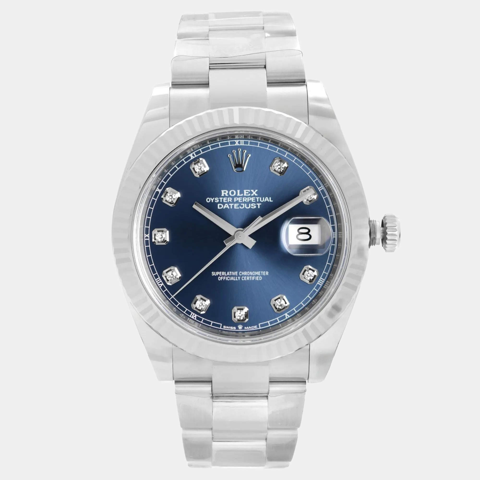 Pre Owned Rolex Datejust 126334 Automatic Blue Diamond Dial Stainless Steel 18k White Gold Men's Wristwatch 41mm
