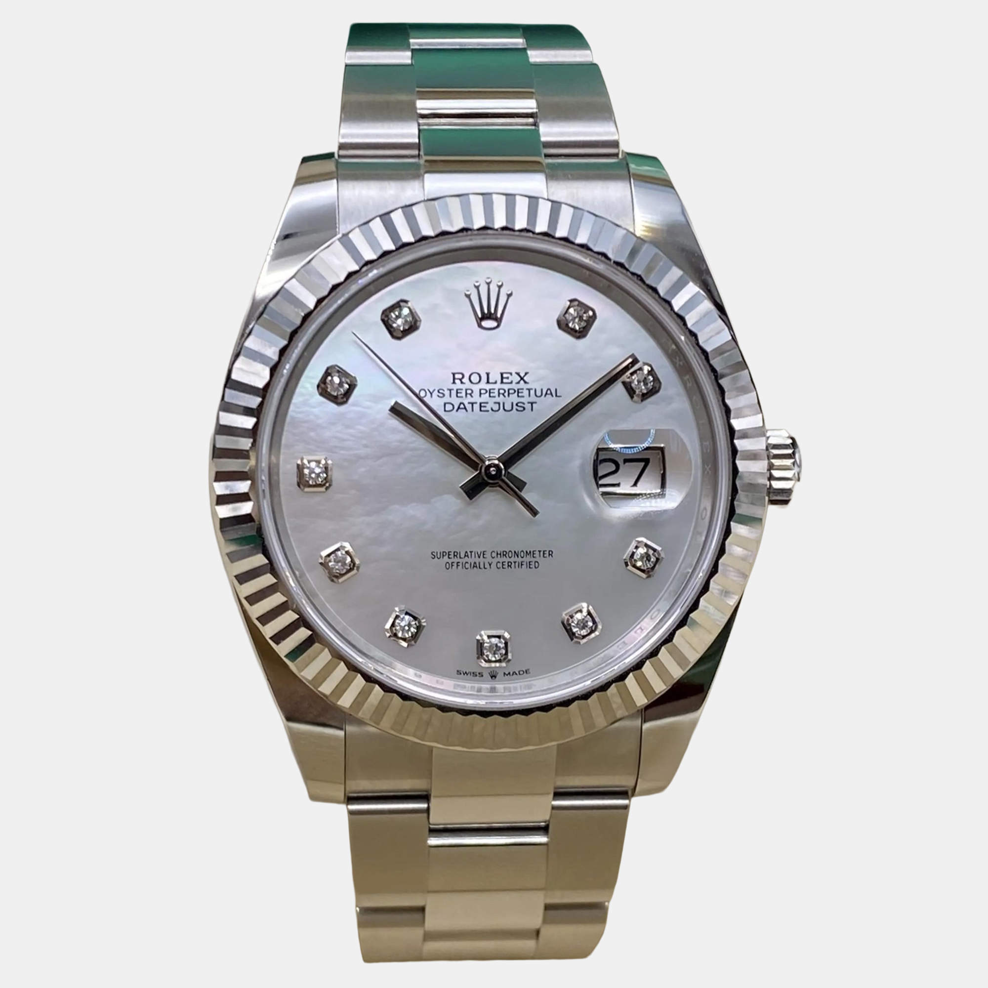 Pre Owned Rolex Datejust 126334 Automatic Mother of Pearl Diamond Dial Stainless Steel White Gold Men's Wristwatch 41mm