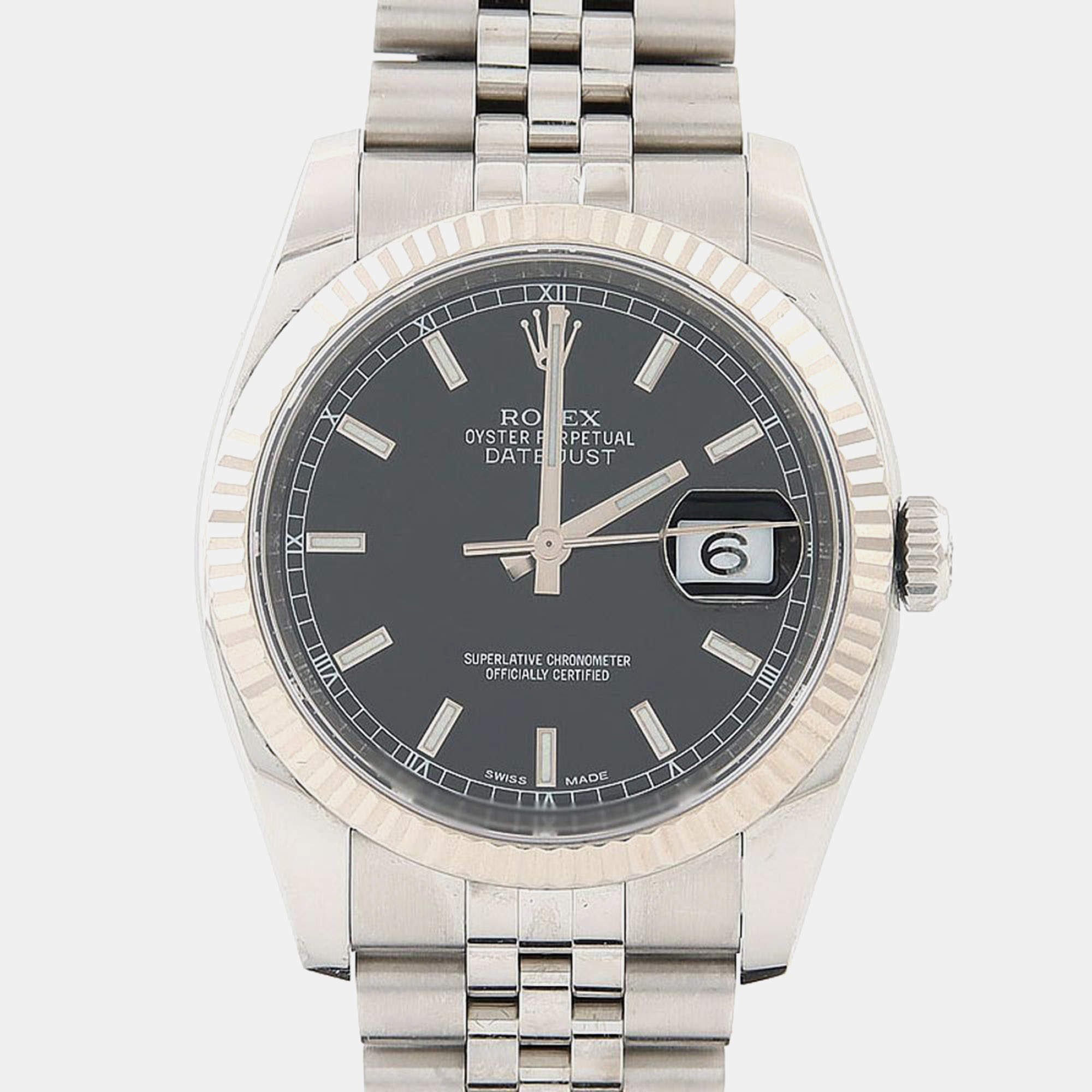 Pre Owned Rolex Datejust 116234 Automatic Black Stainless Steel and White Gold Men's Wristwatch 36mm