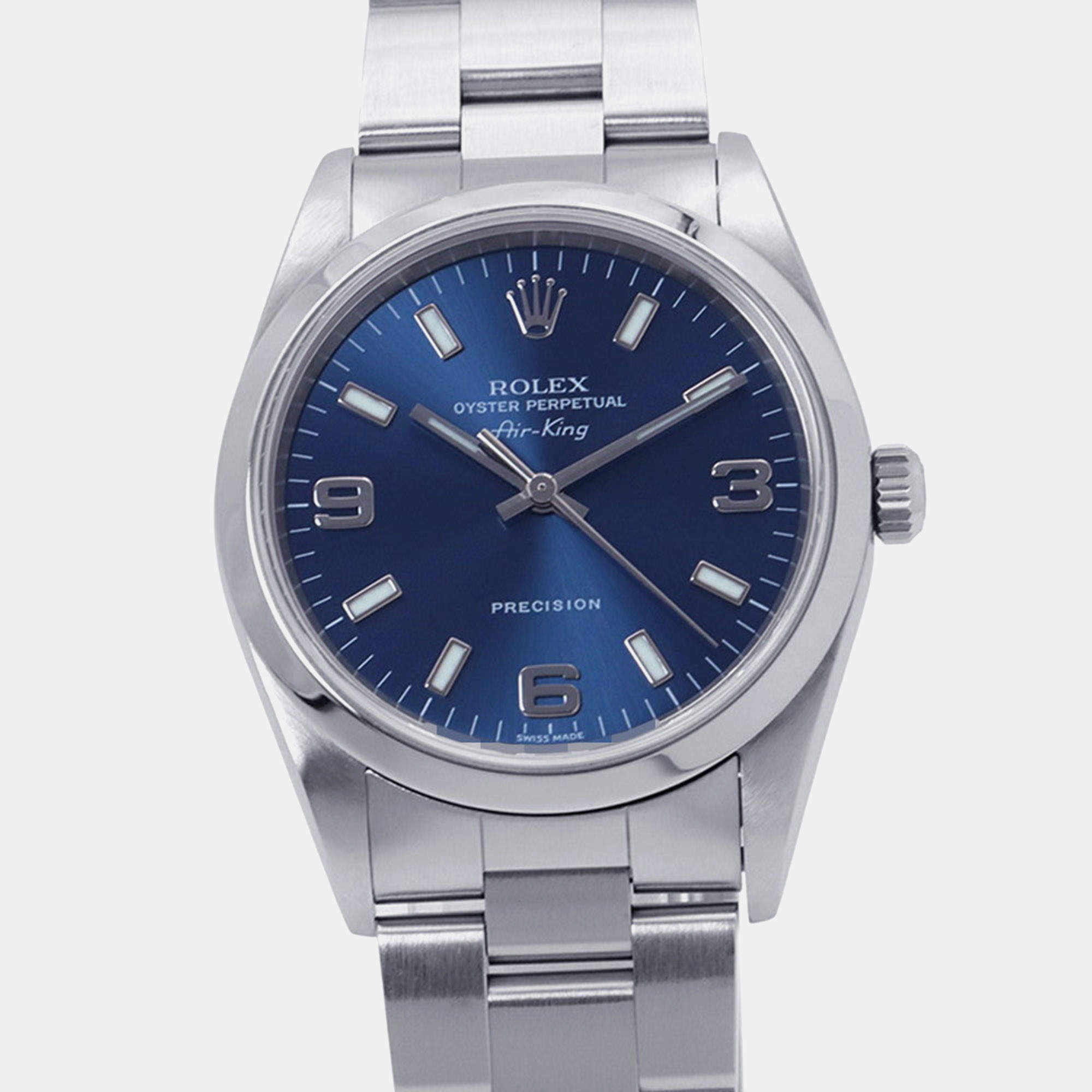 Pre Owned Rolex Air-King 14000 Blue Stainless Steel Automatic Men's Wristwatch 34mm