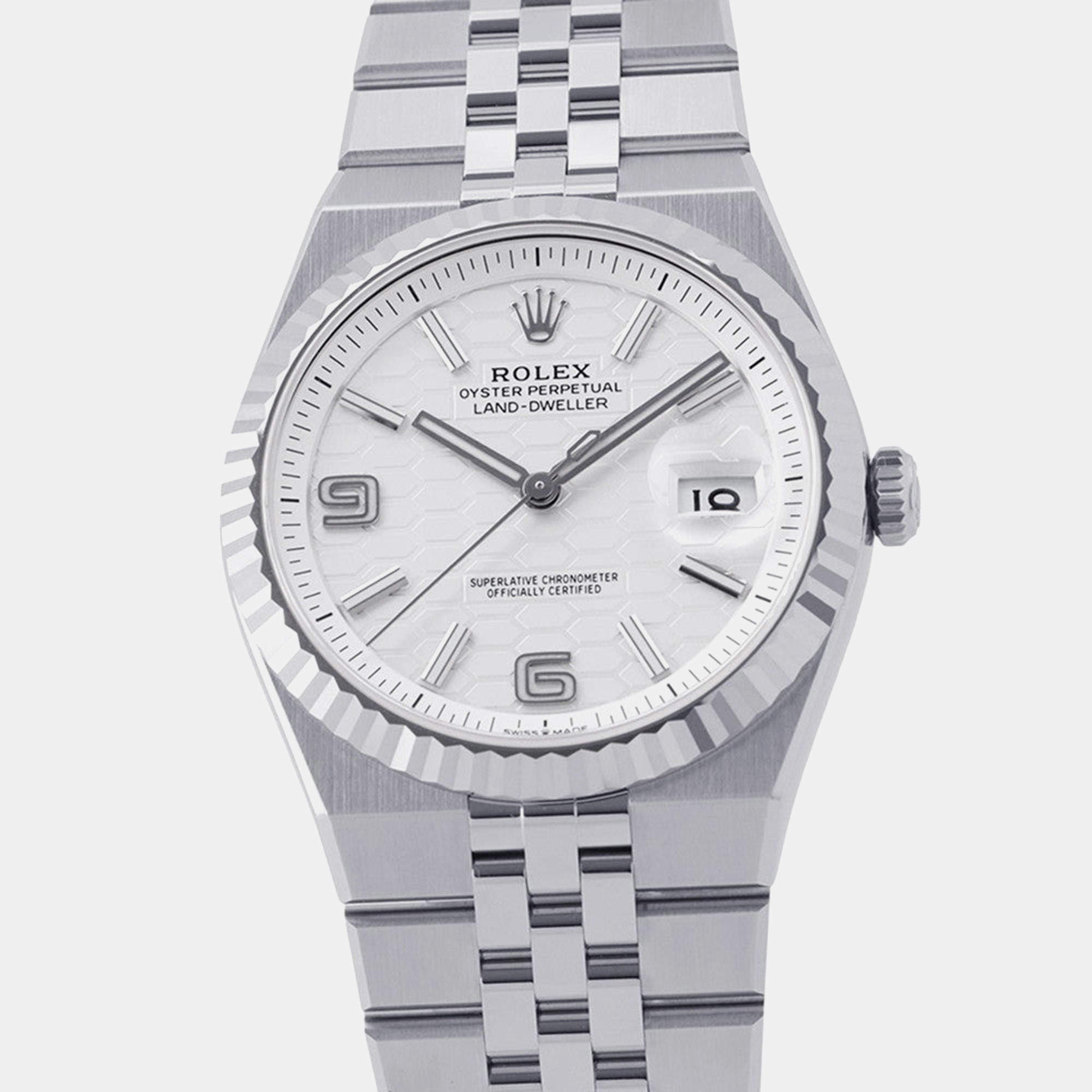 Rolex Land-Dweller 127334 White Chain Honeycomb Motif 18K Gold Stainless