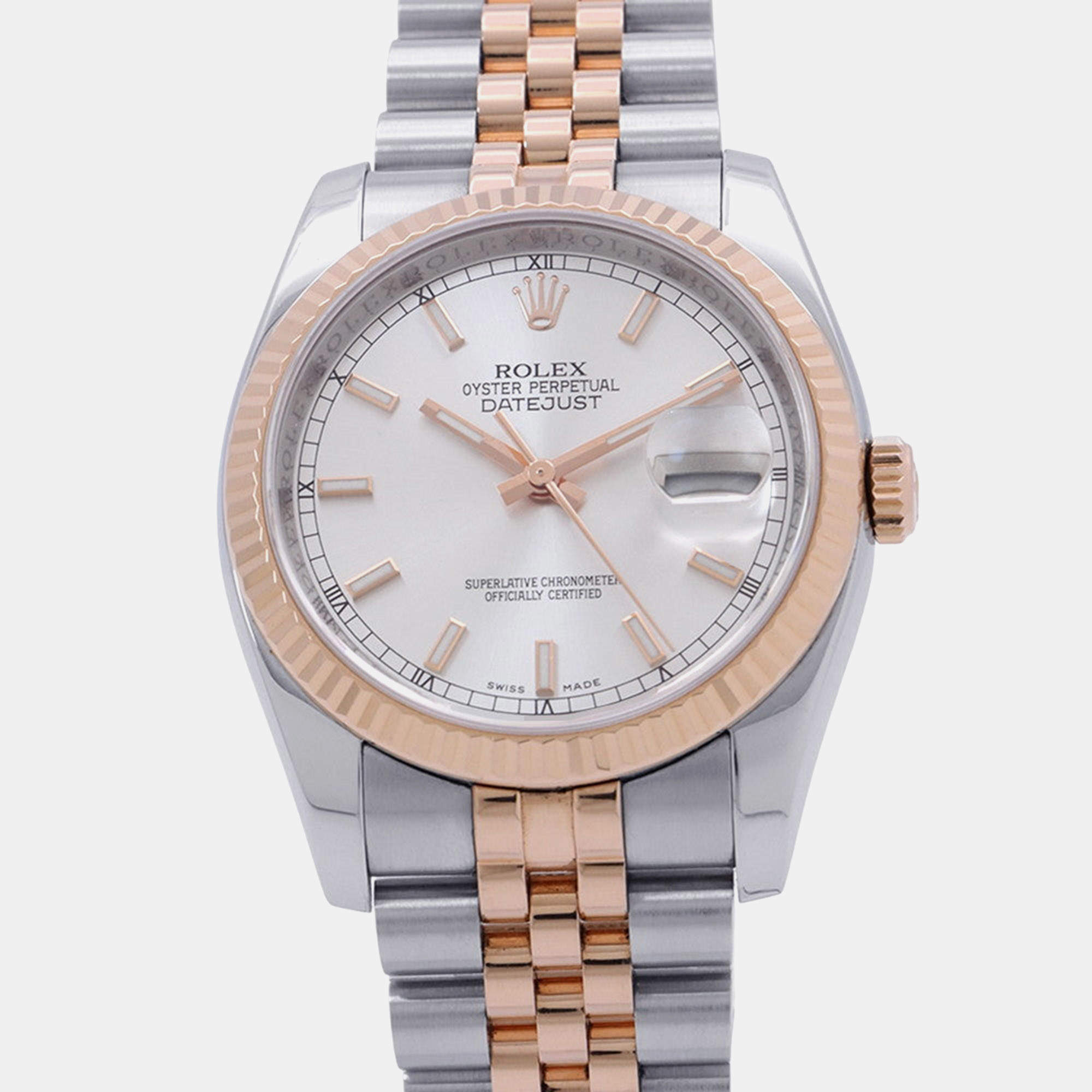 Pre Owned Rolex Oyster Perpetual Datejust 116231 Silver Dial Stainless Steel, 18K Rose Gold Automatic Women's Wristwatch 36mm