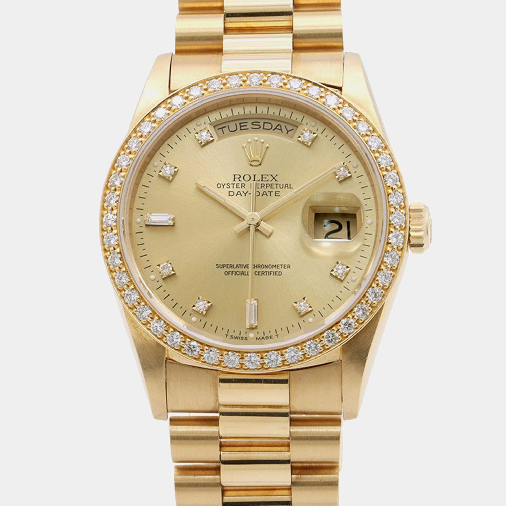 Pre Owned Rolex Day-Date 18348A Champagne 18K Yellow Gold, Diamond Automatic Men's Watches 36mm 