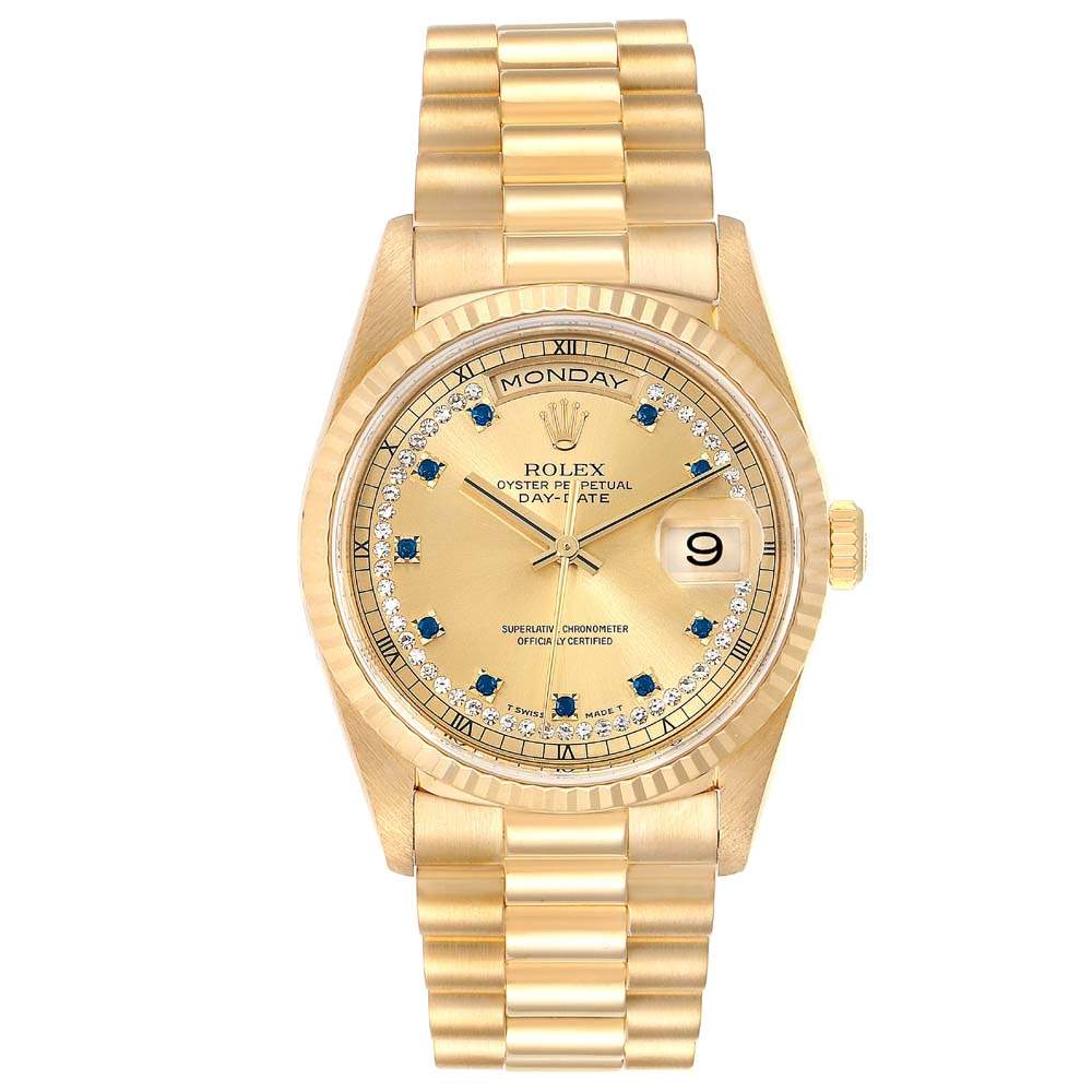 Pre Owned Rolex Champagne Blue Sapphire Diamonds 18K Yellow Gold President Day-Date 18238 Men's Wristwatch 36 MM