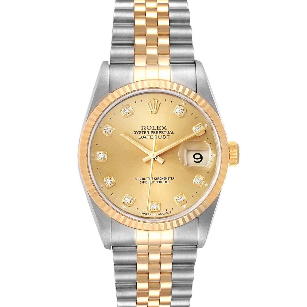 Pre Owned Rolex Champagne Diamonds 18K Yellow Gold And Stainless Steel Datejust 16233 Men's Wristwatch 36 MM