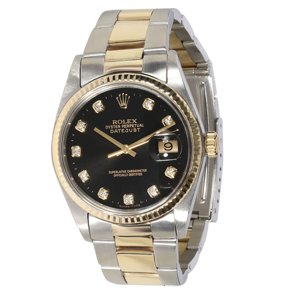 Rolex Black Diamonds 18K Yellow Gold And Stainless Steel Datejust 16013 Men's Wristwatch 36 MM