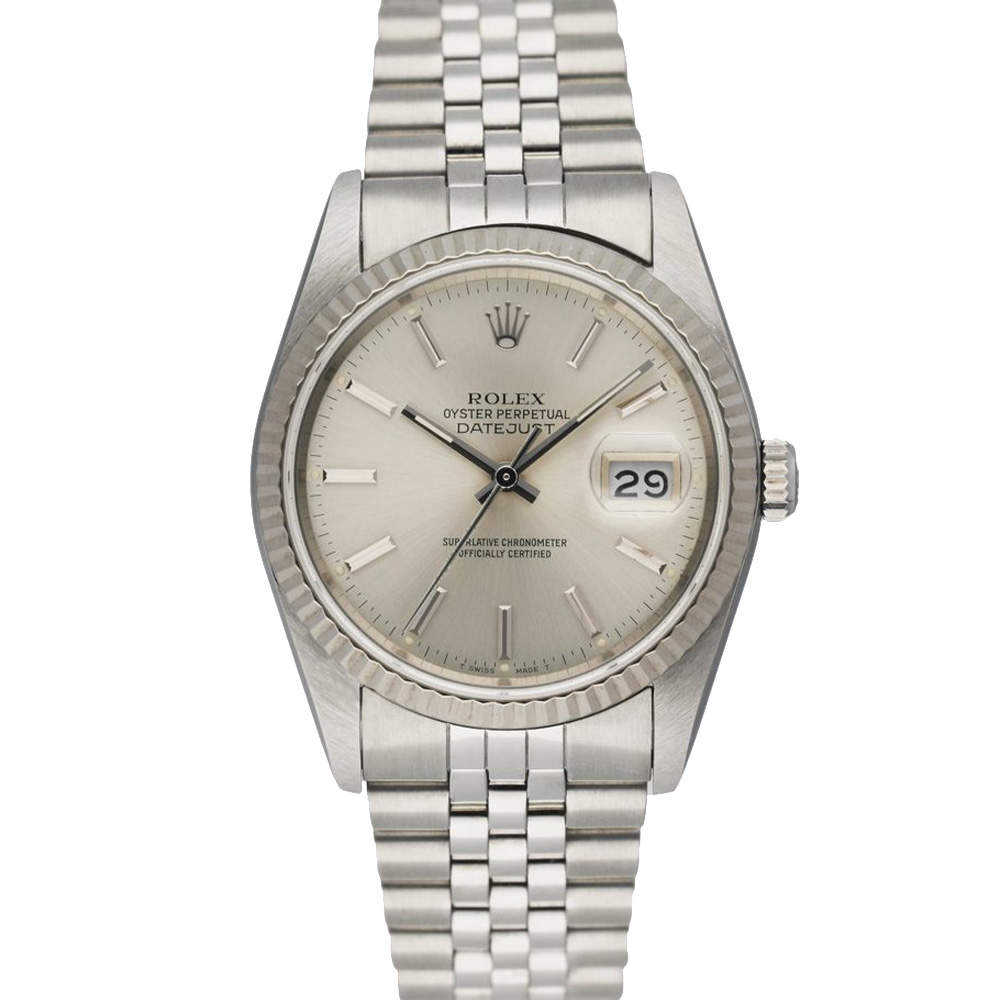 Rolex Silver 18k White Gold And Stainless Steel Datejust 16234 Men's Wristwatch 36 MM