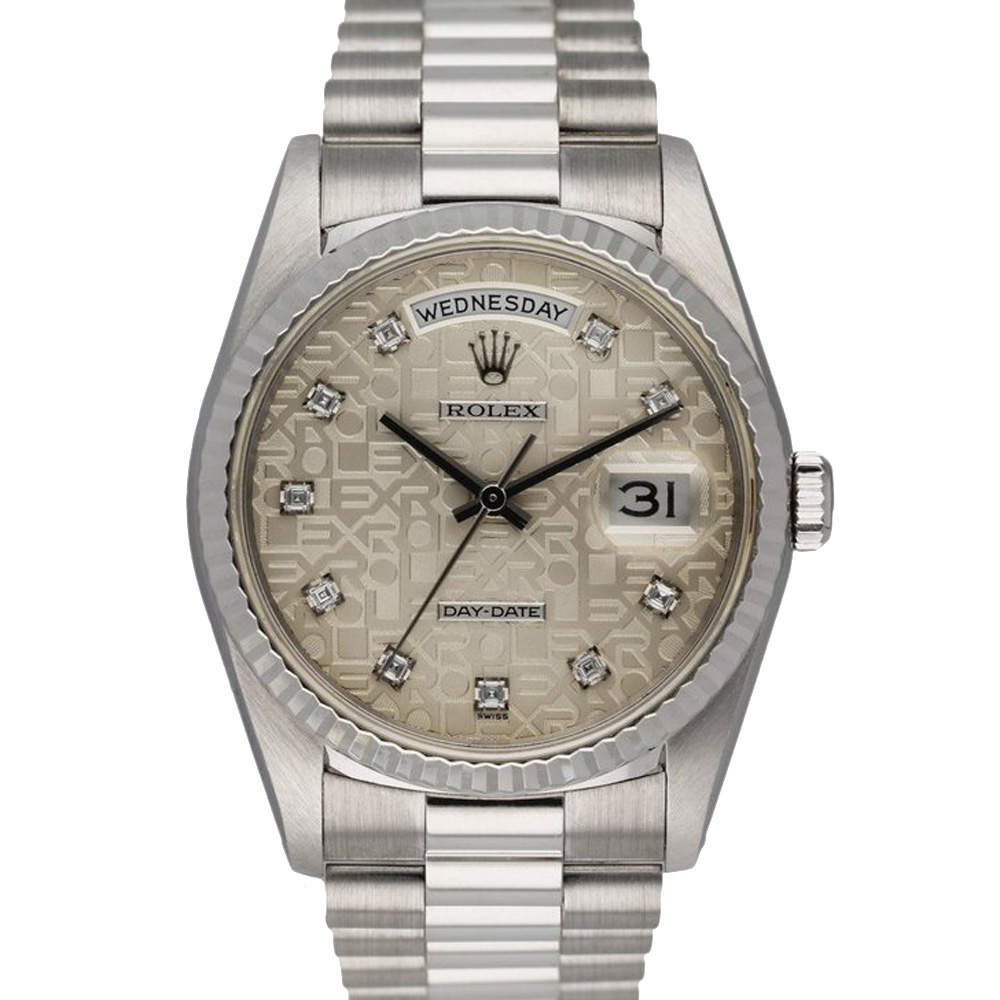 Rolex Silver Diamonds 18K White Gold Day-Date 18239 Men's Wristwatch 36 MM