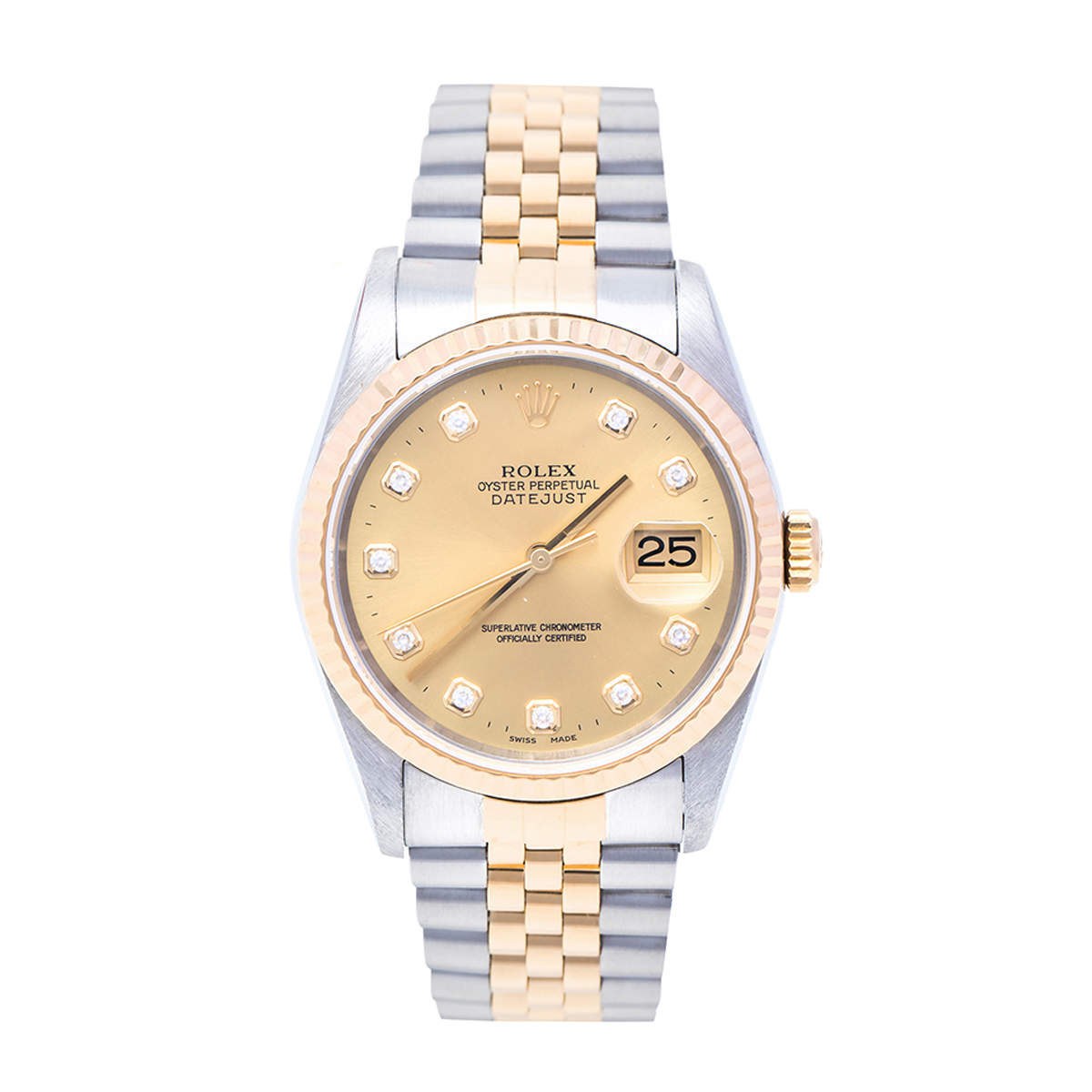 Pre Owned ساعة يد رجالية رولكس ديت جست 16233 أوتوماتيك ستانلس ستيل وذهب أصفر عيار 18 وألماس شمبانيا 36مم